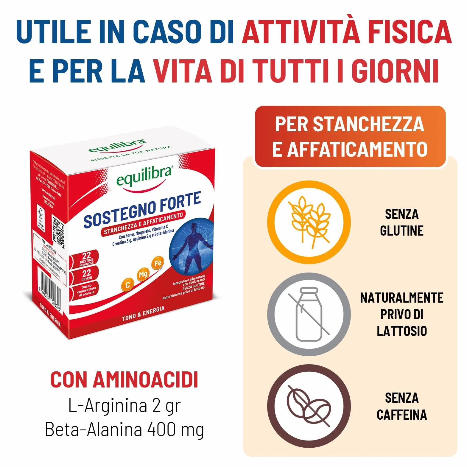 Equilibra Integratore Alimentare con Creatina, Arginina, Vitamine C, B1, 22 Bustine Monodose