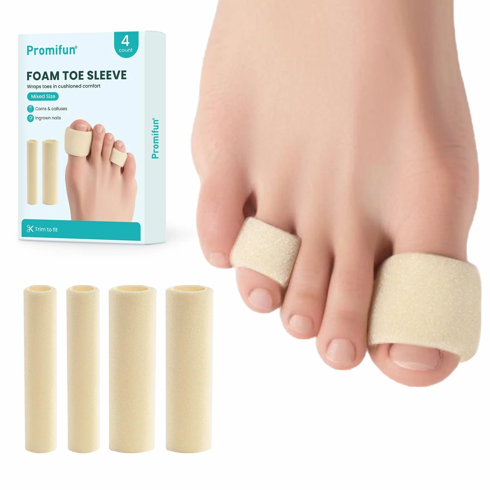 Promifun Cuttable Toe Tubes Sleeves - Foam Toe Protectors for Corns, Calluses, Blisters - Fabric & Breathable Gel Lining Toe Sleeve Protectors Relief Toe Pressure Pain - (2 Large + 2 Small, White)