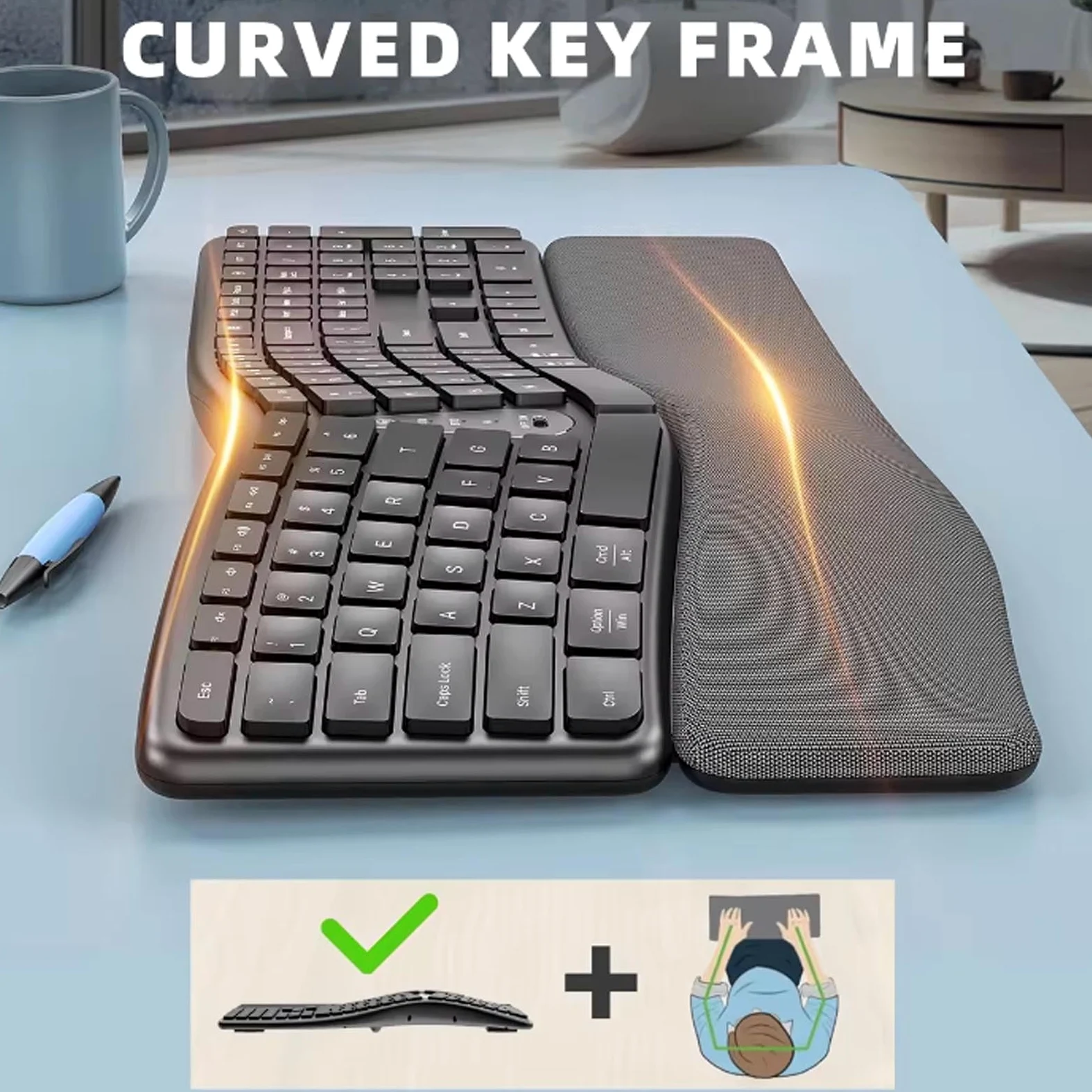 Tastiera Ergonomica Wireless, Design Diviso con Poggiapolsi Imbottito in Pelle PU, connettività Bluetooth, Angolo di Inclinazione Regolabile, per Computer Portatile PC