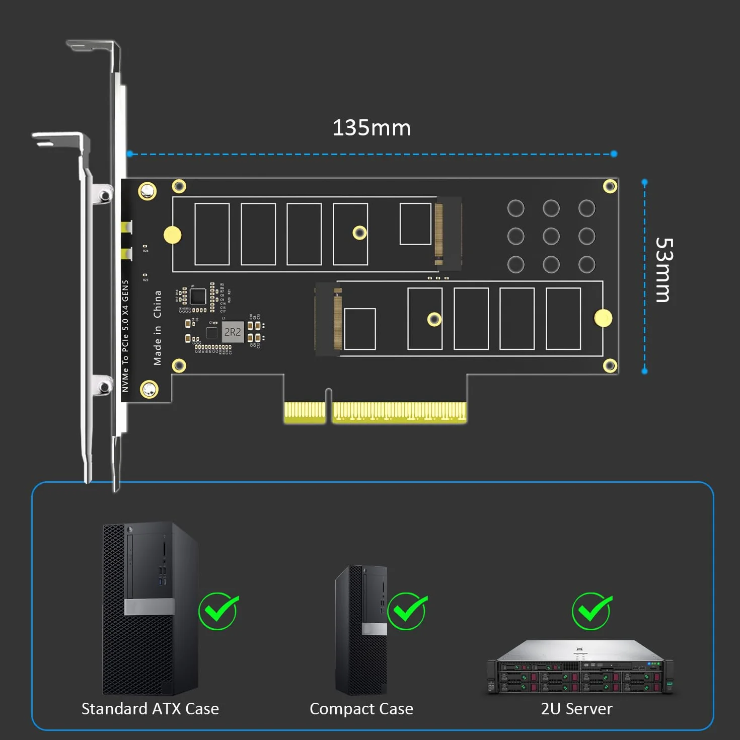 GLOTRENDS PA52L Dual Adattatore M.2 NVMe a PCIe 5.0 X8 senza biforcazione PCIe, Configurazione Soft M.2 NVMe RAID tramite strumento OS