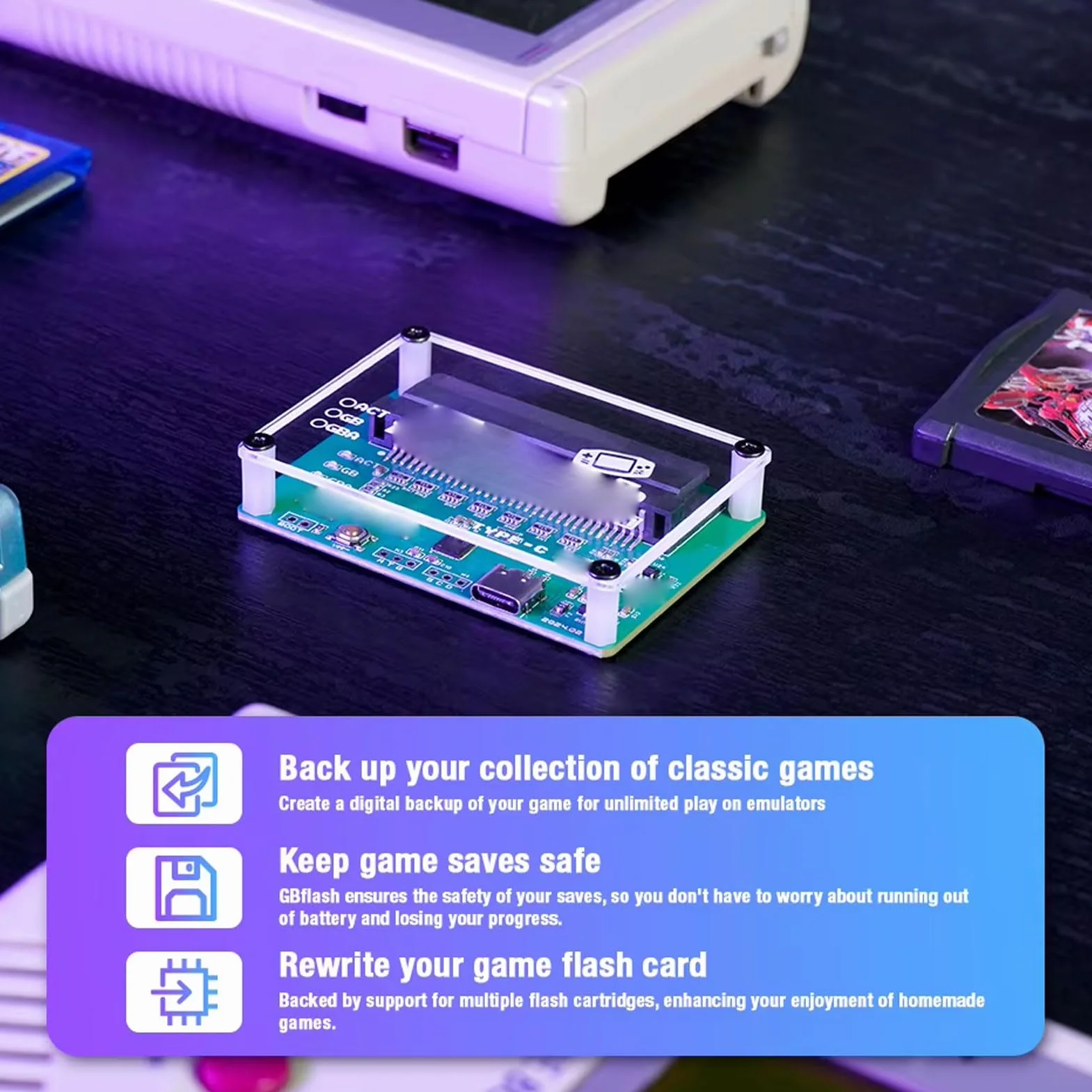 Denash Bruciatore per Lettore di Schede di Gioco Gameboy GB ROM Strumento di Backup con Cavo USB C per Cartucce Gameboy Color Advance