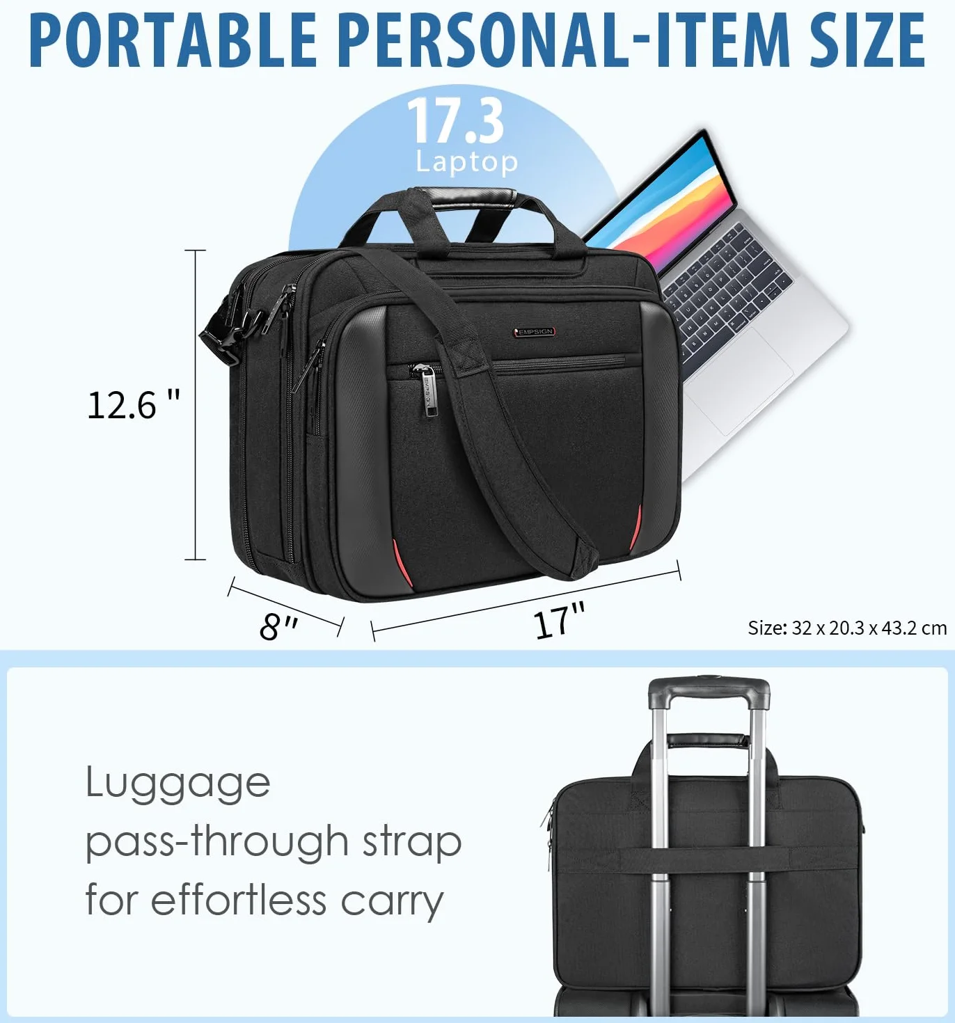 EMPSIGN Custodia per PC cartella, borsa porta PC 17,3 pollici espandibile a tracolla per uomo e donna idrorepellente, borsa a tracolla con protezione RFID in tela per lavoro e viaggio d’affari