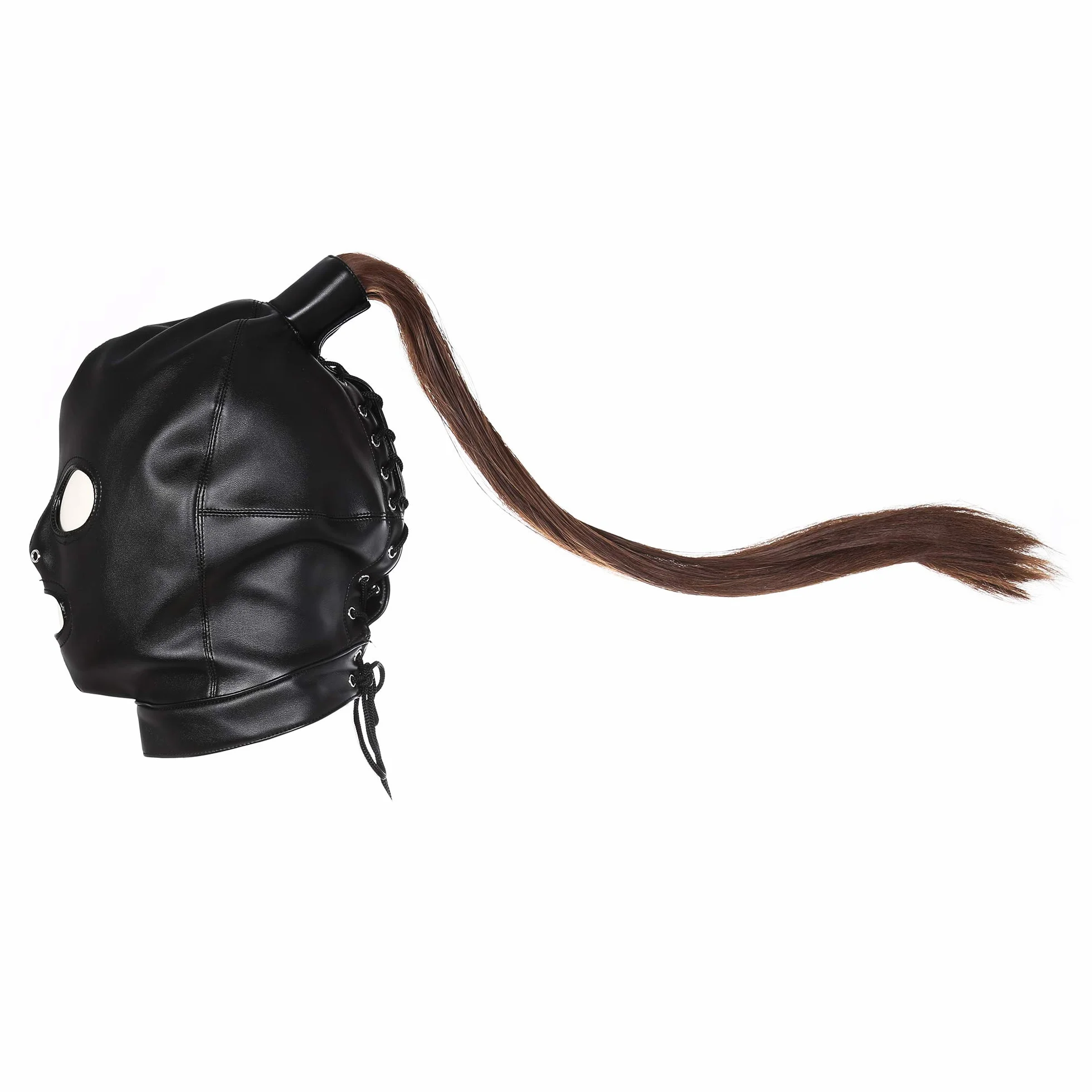 SXOVO Maschera da testa in pelle per preliminari cappuccio bondage con parrucca rimovibile BDSM