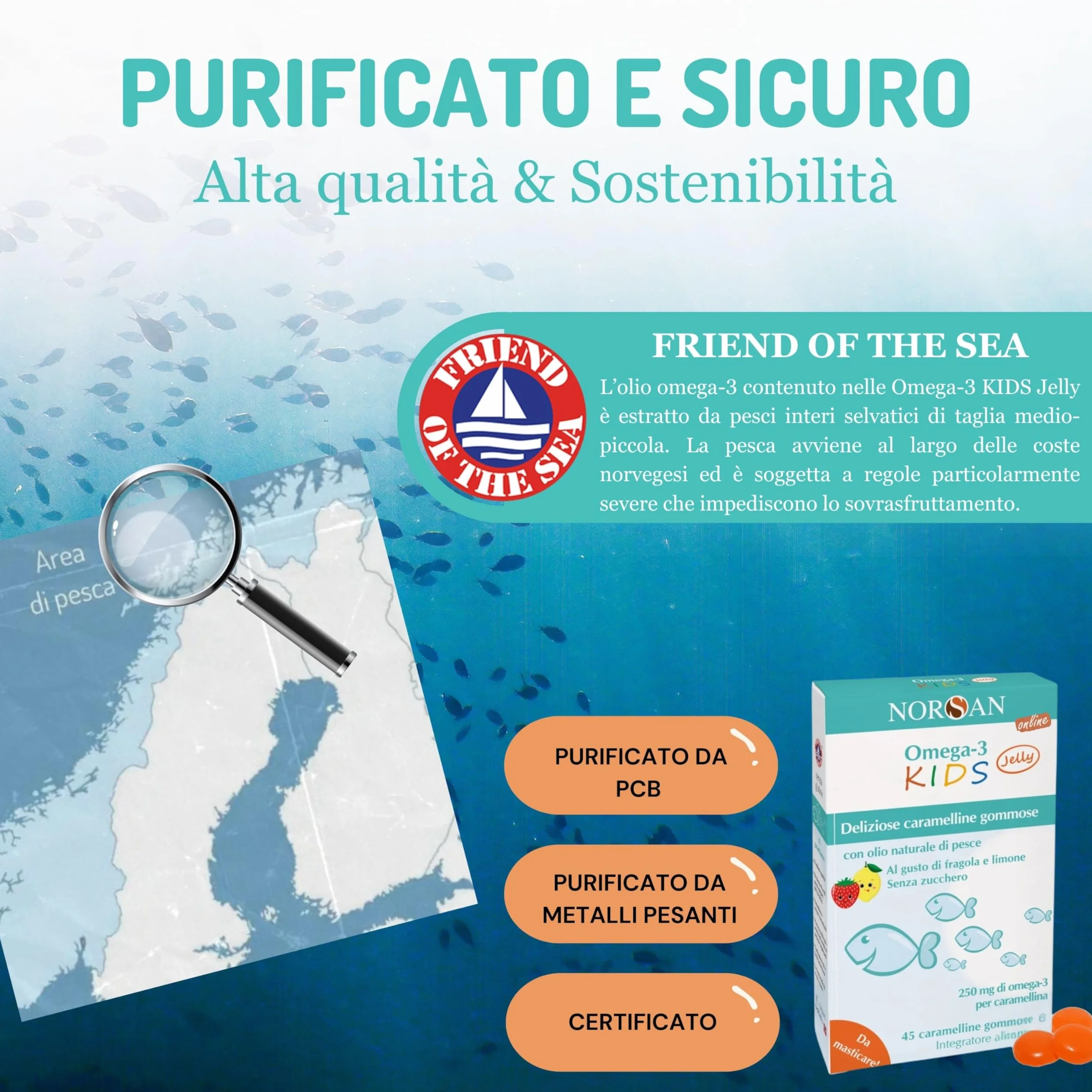 NORSAN Omega 3 bambini FISK Jelly 45 caramelline masticabili alla frutta con olio di pesce EPA DHA Vitamina D