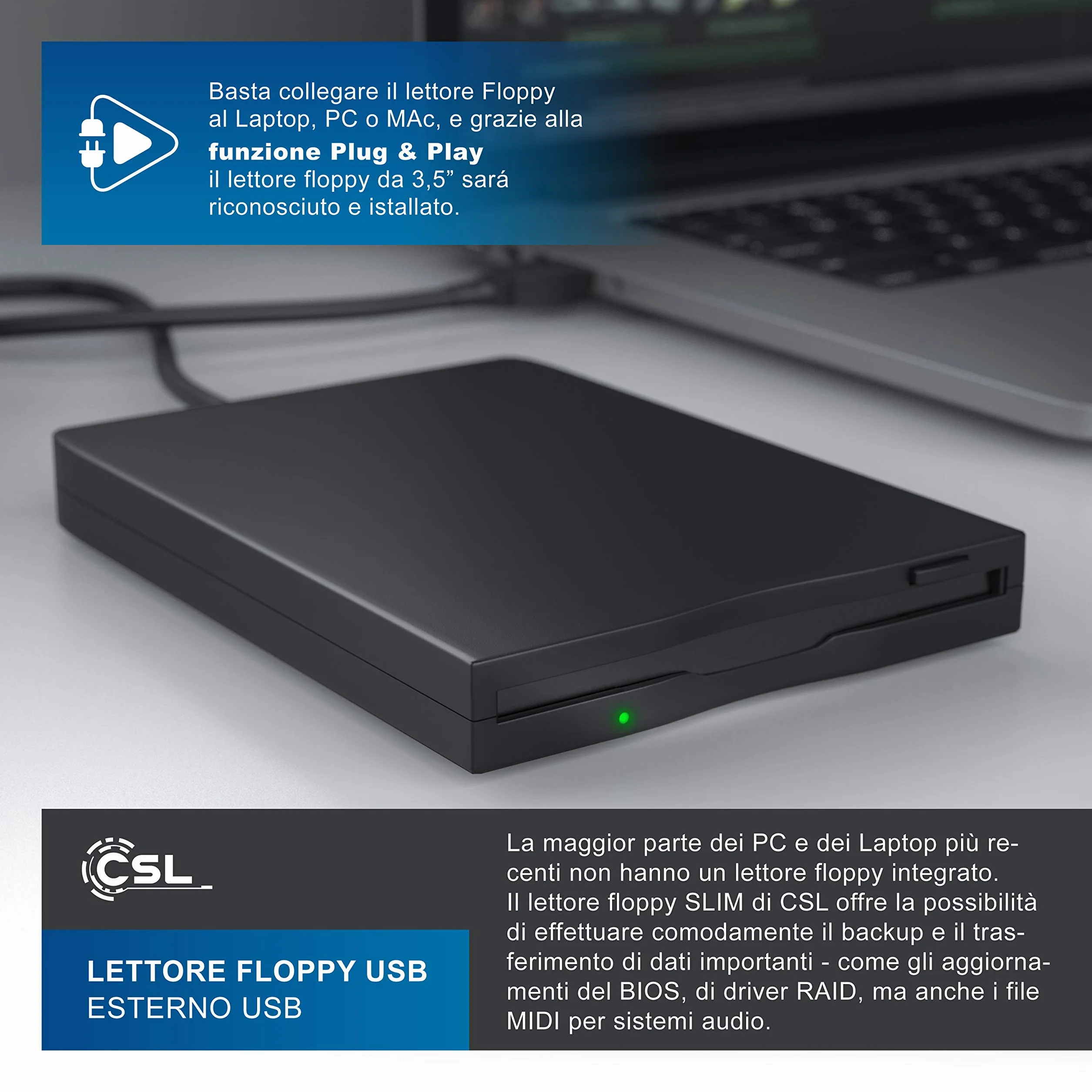 CSL - Lettore Floppy Esterno USB FDD 1,44MB 3,5 Pollice - PC e Mac - Slimline Floppy Disk Drive Esterna - Portatile - Plug e Play - Nero - Compatibile con Windows 10