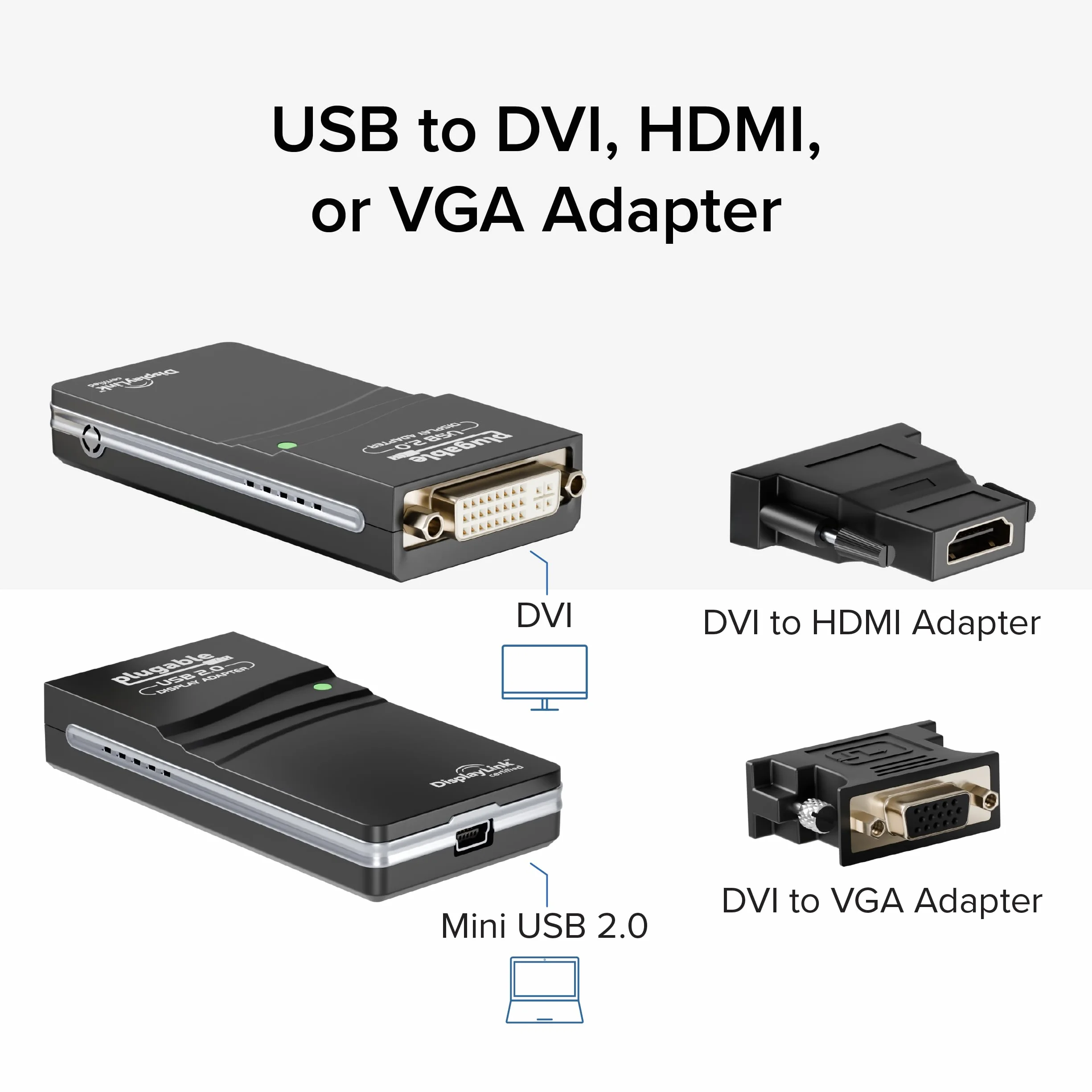 Plugable UGA-165 Adattatore grafico USB 2.0 a VGA DVI HDMI 1920x1080 1600x1200 DL-165 Nero