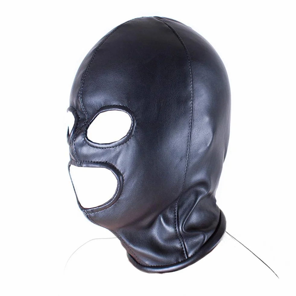 Maschera Pelle Erotica 3 Fori con Cerniera Aperta Occhi Bocca Hollow Bondage Fetish Cosplay Sex Toy Nero