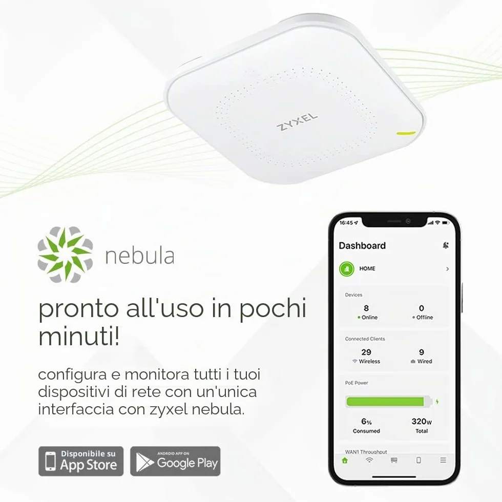 Zyxel WiFi 6 AX3000 Wireless Access Point | per Piccole Imprese | Uplink 2.5G PoE | Antenna 3x3 + 2x2 MU-MIMO | Gestibile Tramite Nebula App/Cloud o Standalone [NWA50AX Pro]