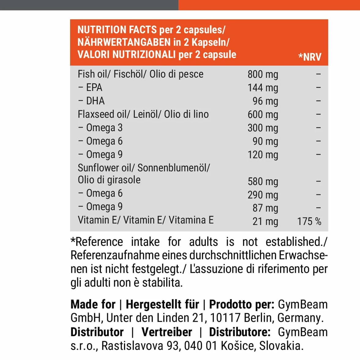 GymBeam Omega 3-6-9 800mg Olio di Pesce 600mg Olio di Semi di Lino 580mg Olio di Girasole EPA DHA Vitamina E 120 capsule