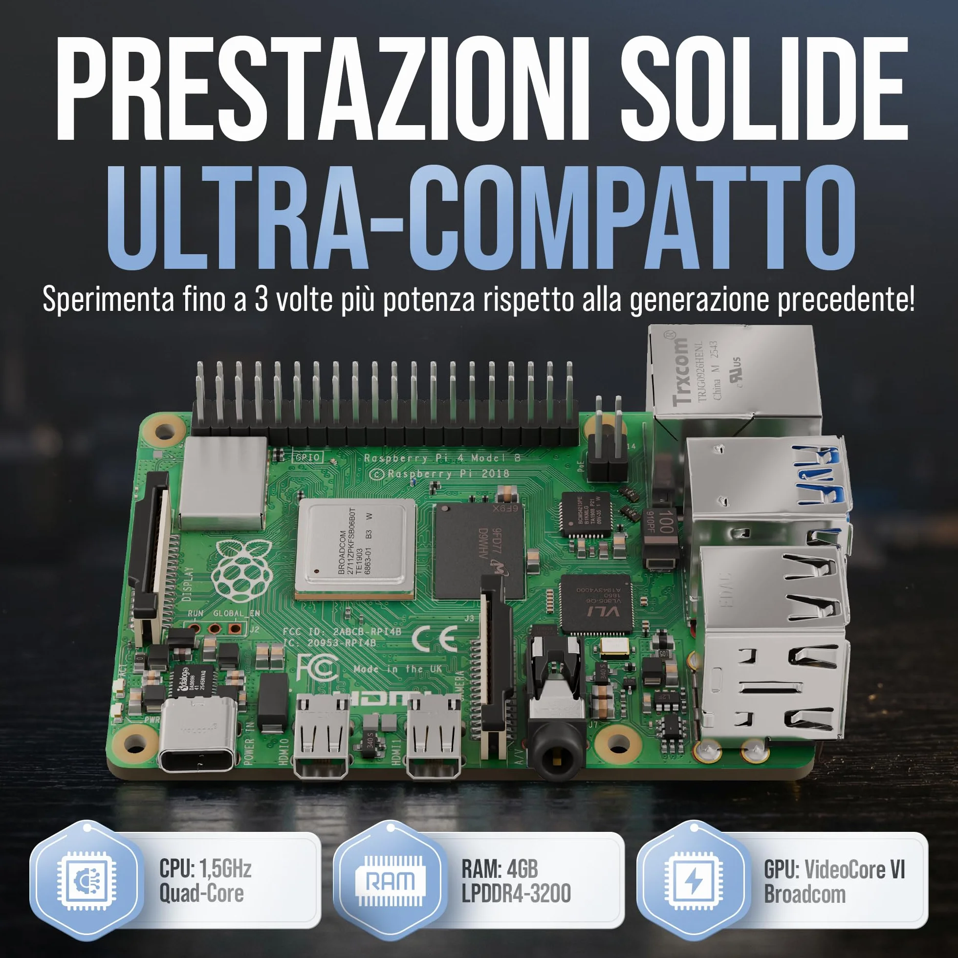 Raspberry Pi 4 4 GB Starter Kit 64 GB Nero Alimentatore 15 W Micro HDMI 4K Dissipatori Home Assistant Smart Home