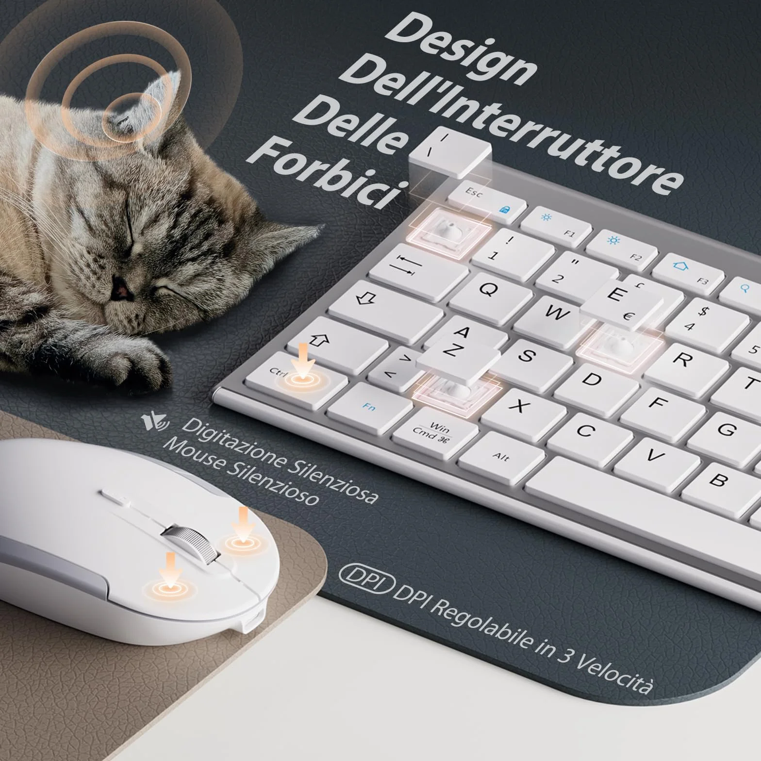 iClever Tastiera e Mouse Wireless portatile 2.4G, Ricaricabile tastiera wireless usb, silenziosa tastiera ergonomica Design Dimensioni Regolari Sottile Connessione Stabile DPI Regolabile