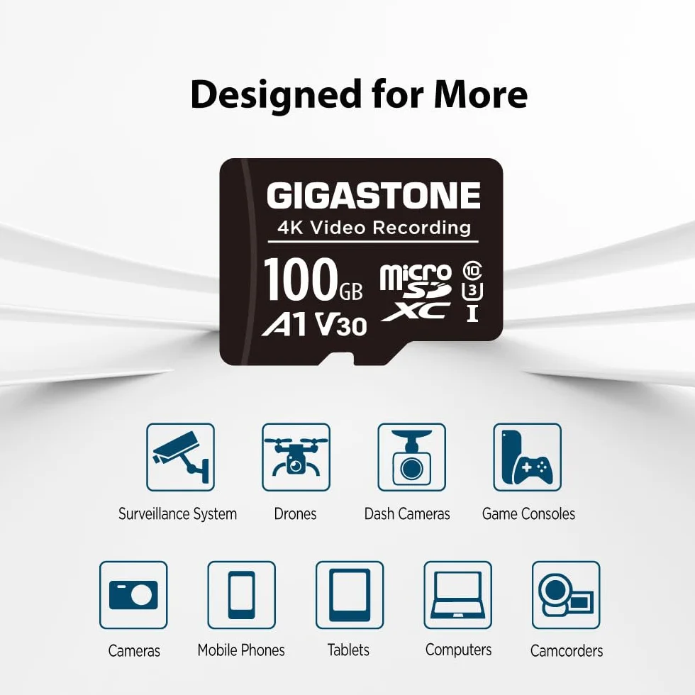 GIGASTONE Scheda Micro SD da 100 GB, registrazione video A1 V30 4K, compatibile con telecamera di sicurezza, Dash Cam, Drone, scheda di memoria MicroSDXC da 100 MB/s UHS-I, con adattatore