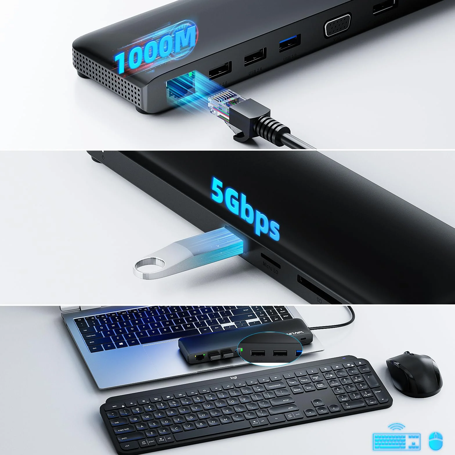 WAVLINK Docking station USB C 3 monitor, docking station con HDMI, DP, VGA, 100W PD, USB3.0&2.0, RJ45, slot SD/TF, audio/microfono, per Lenovo/HP/Dell, ecc. Nero