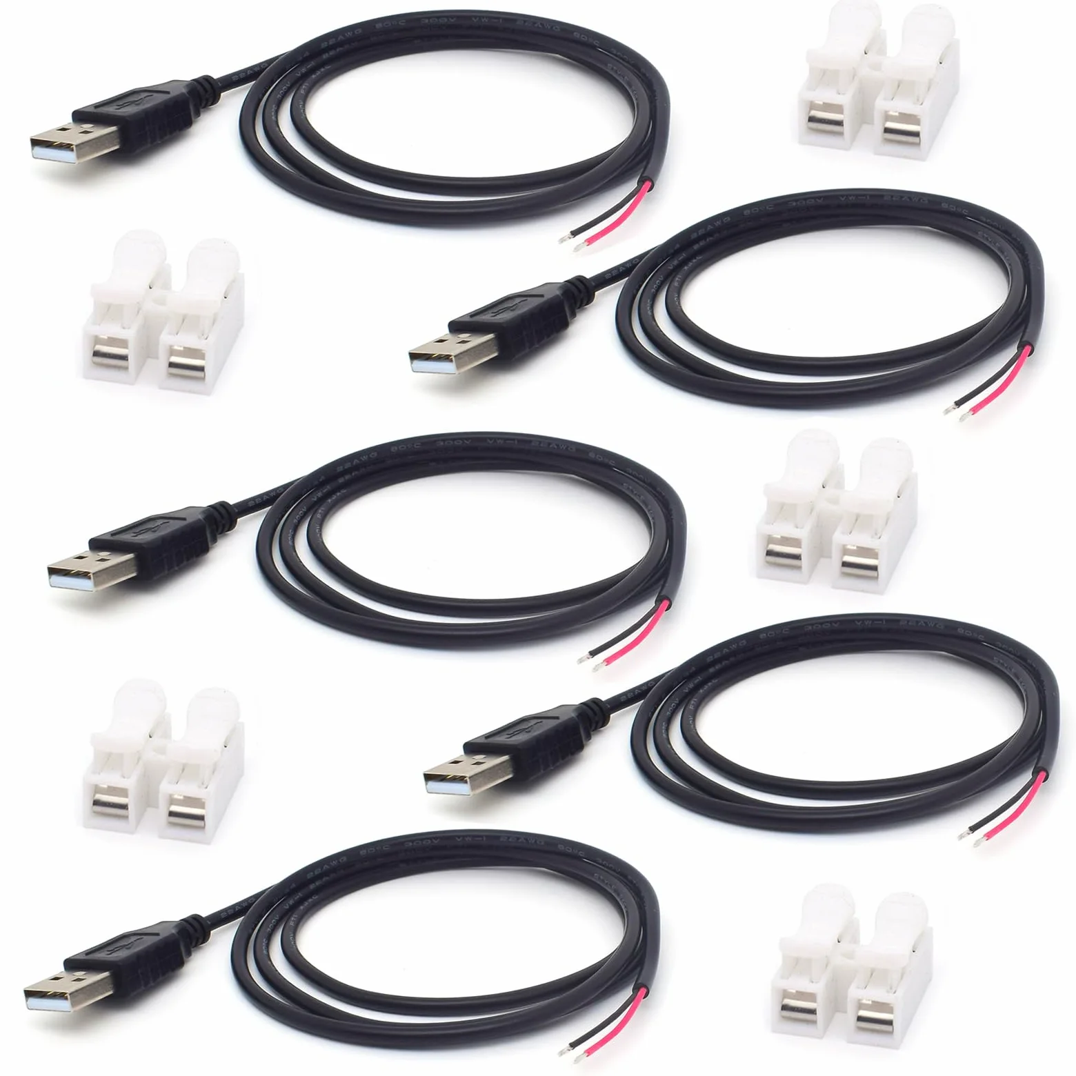 5 cavi USB a spirale a 2 fili, 22 AWG, 1 m, USB 2.0 maschio, 2 pin, filo nudo 5 V 3 A, 2 nuclei, cavo di prolunga con estremità aperta, con connettore a molla a 2 posizioni (USB maschio)