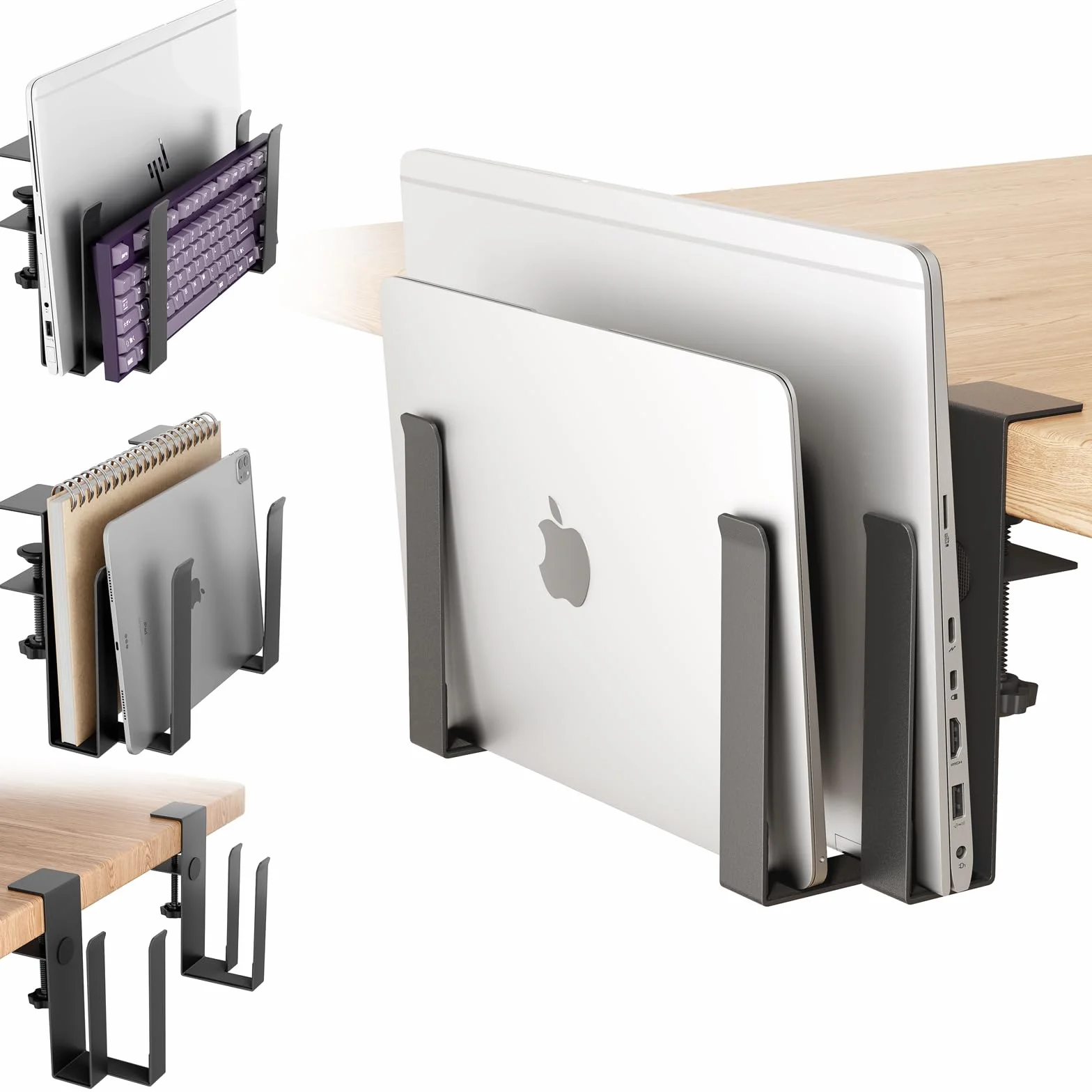 Supporto Regolabile Doppio per Laptop con Morsetto per Scrivania – Installazione Senza Fori - Ripiano in Acciaio Inox per due Dispositivi ≤ 38 mm