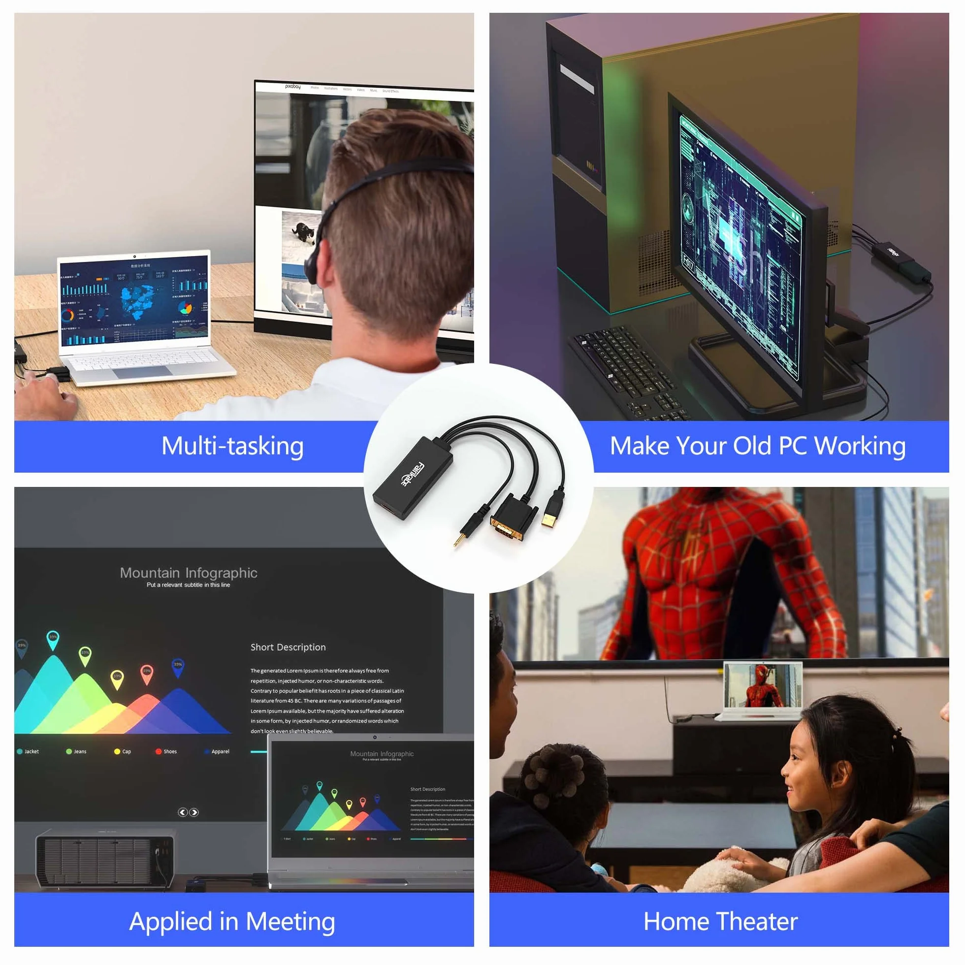fairikabe Adattatore VGA a HDMI con audio, (sorgente di uscita VGA del PC a TV/monitor con display di ingresso HDMI), convertitore vga maschio a hdmi femmina per monitor, 1080p
