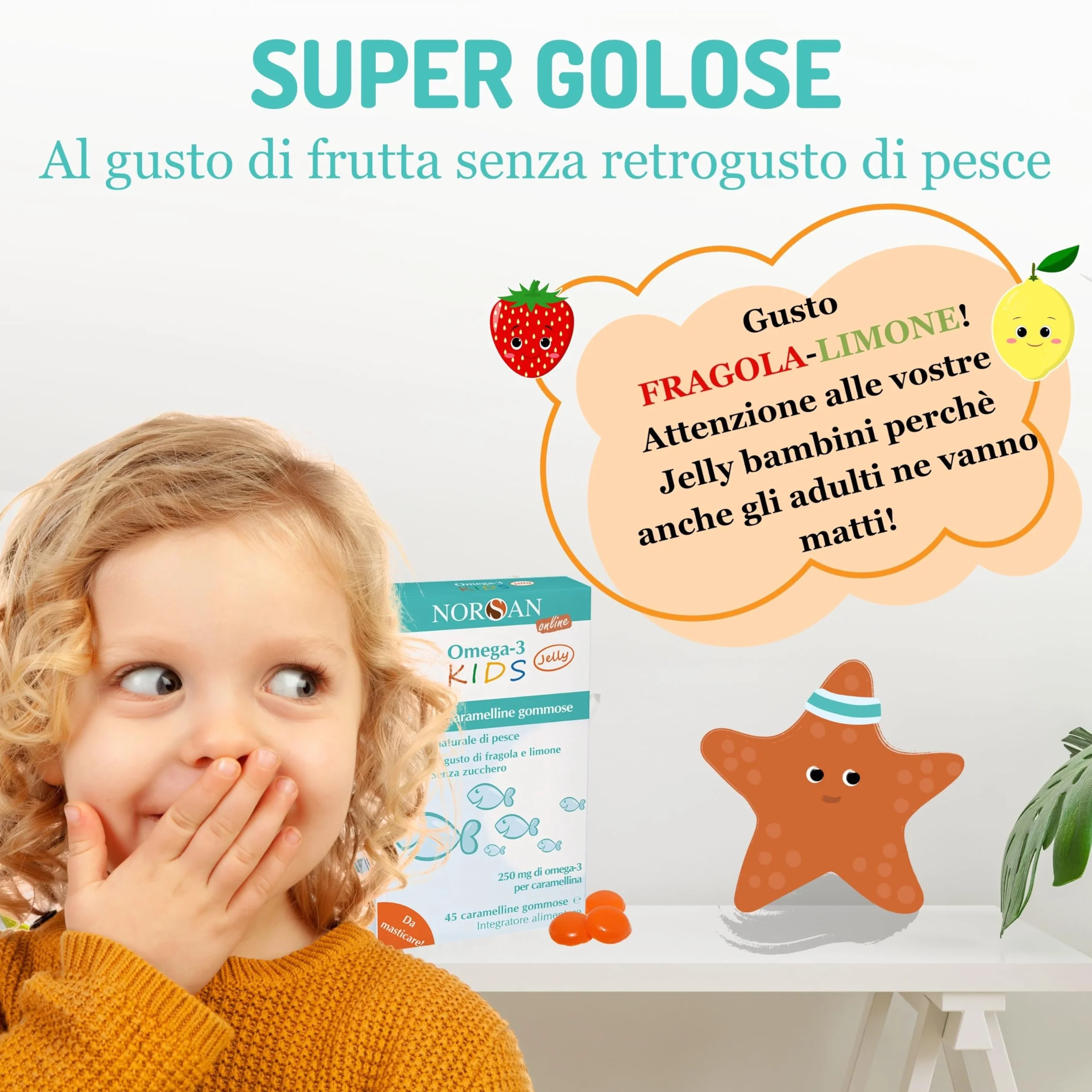 NORSAN Omega 3 bambini FISK Jelly 45 caramelline masticabili alla frutta con olio di pesce EPA DHA Vitamina D