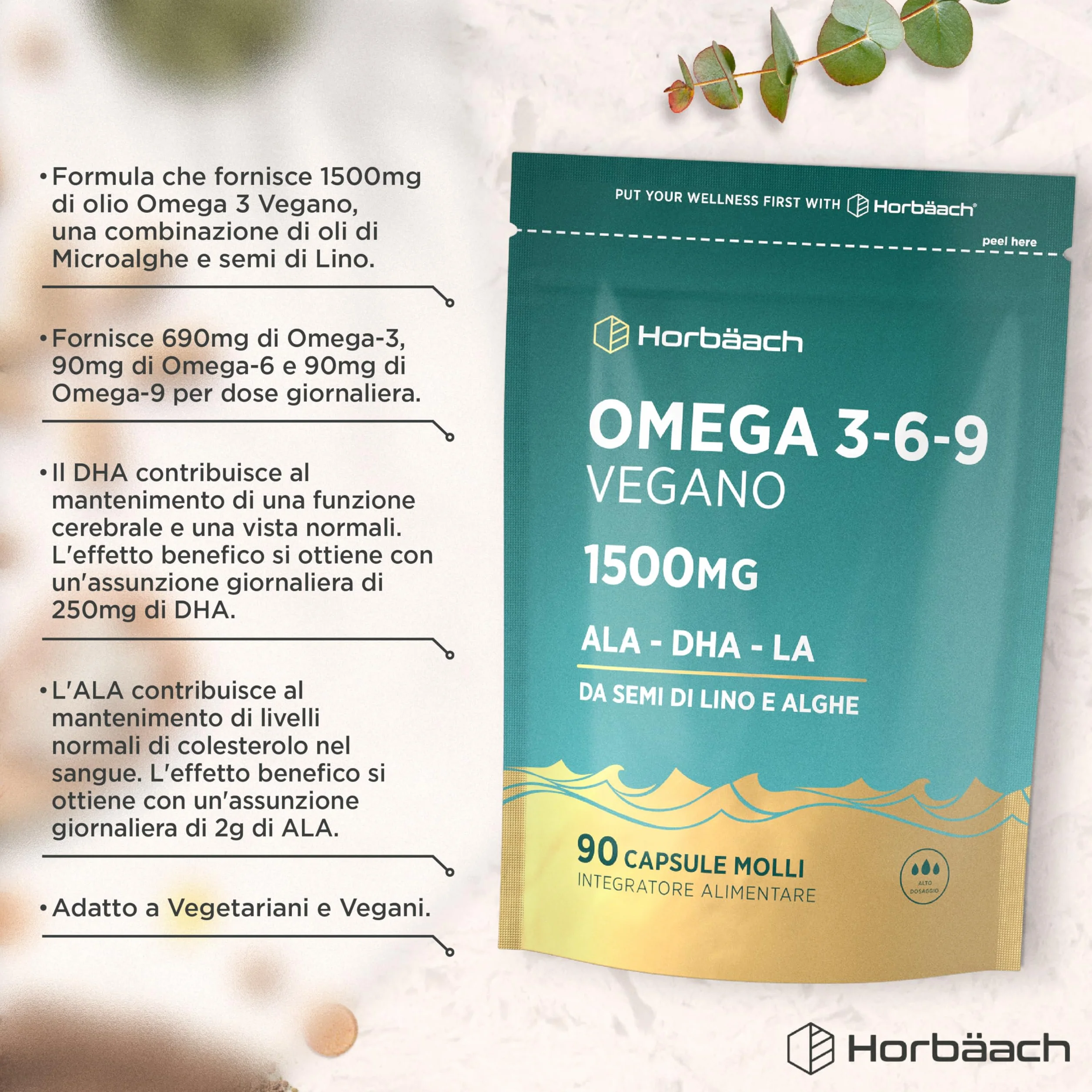 Omega 3 6 9 Vegan 1500mg 90 Capsule Integratore Alimentare con Acidi Grassi ALA DHA Horbaach