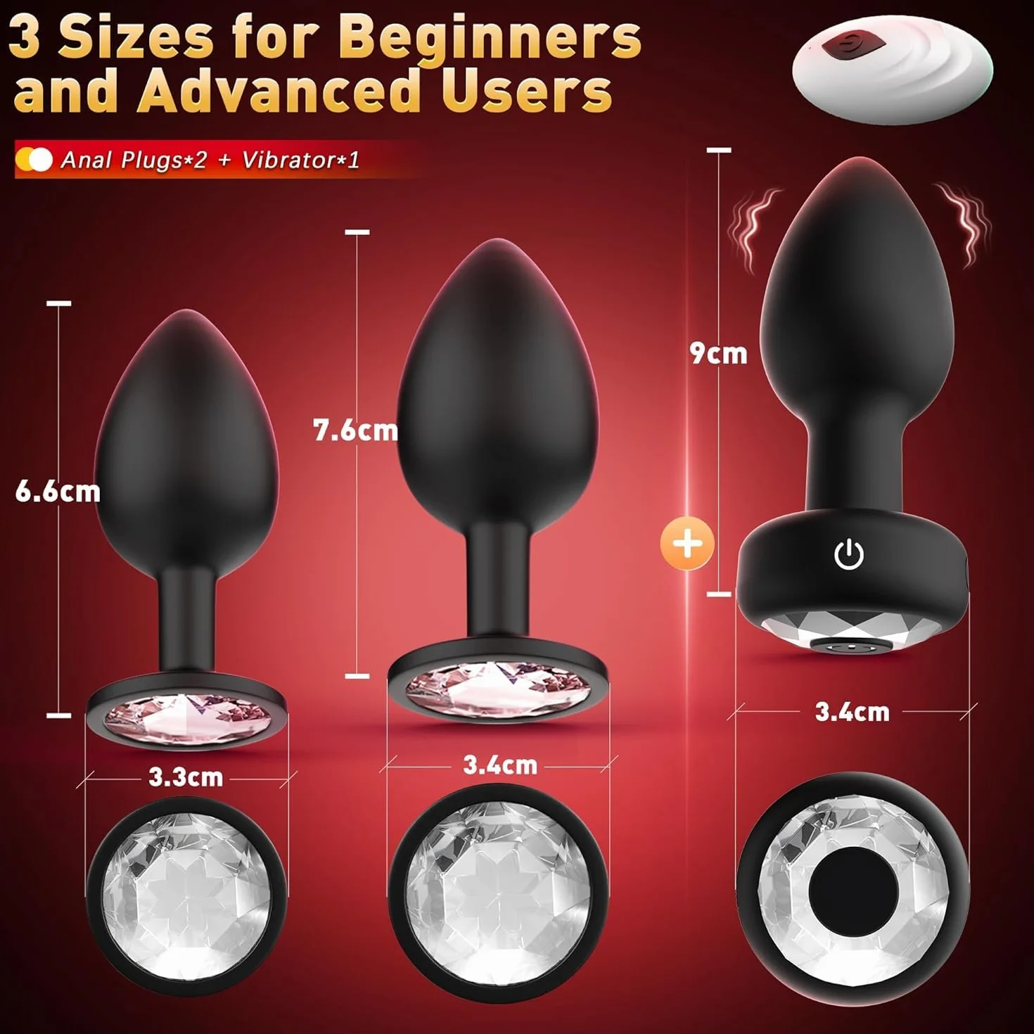 Set di 3 Plug Anali con Vibrazione 10, Anal Plug Anale-Dilatatore Donna Sex Toys +APP