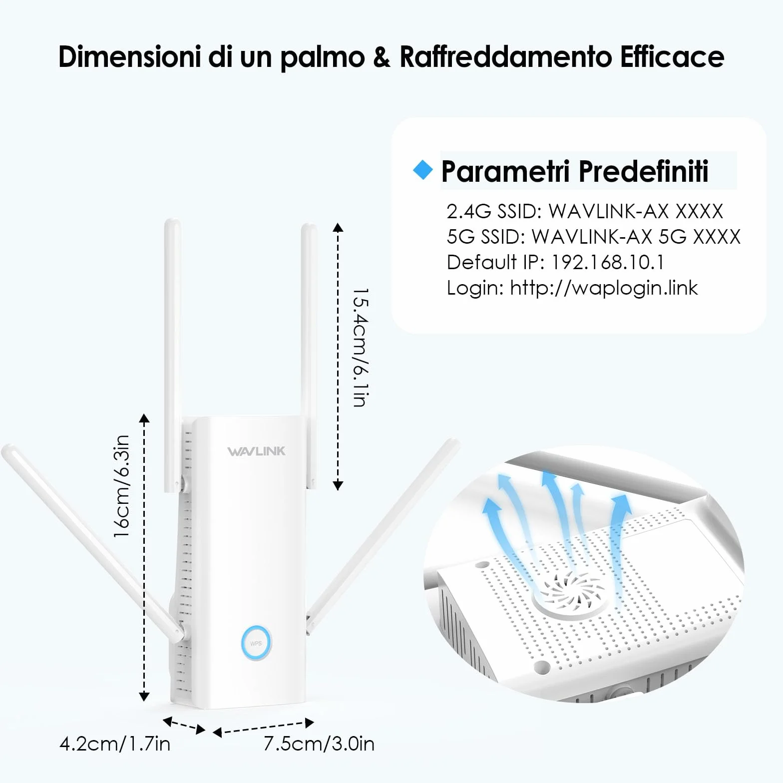 WAVLINK AX3000 Dual Band Wi-Fi 6 Range Extender, WiFi Extender Booster, ripetitore WiFi con porta Gigabit, antenne 4x5dBi, supporto ripetitore/AP/router/modalità mesh, facile installazione, funziona
