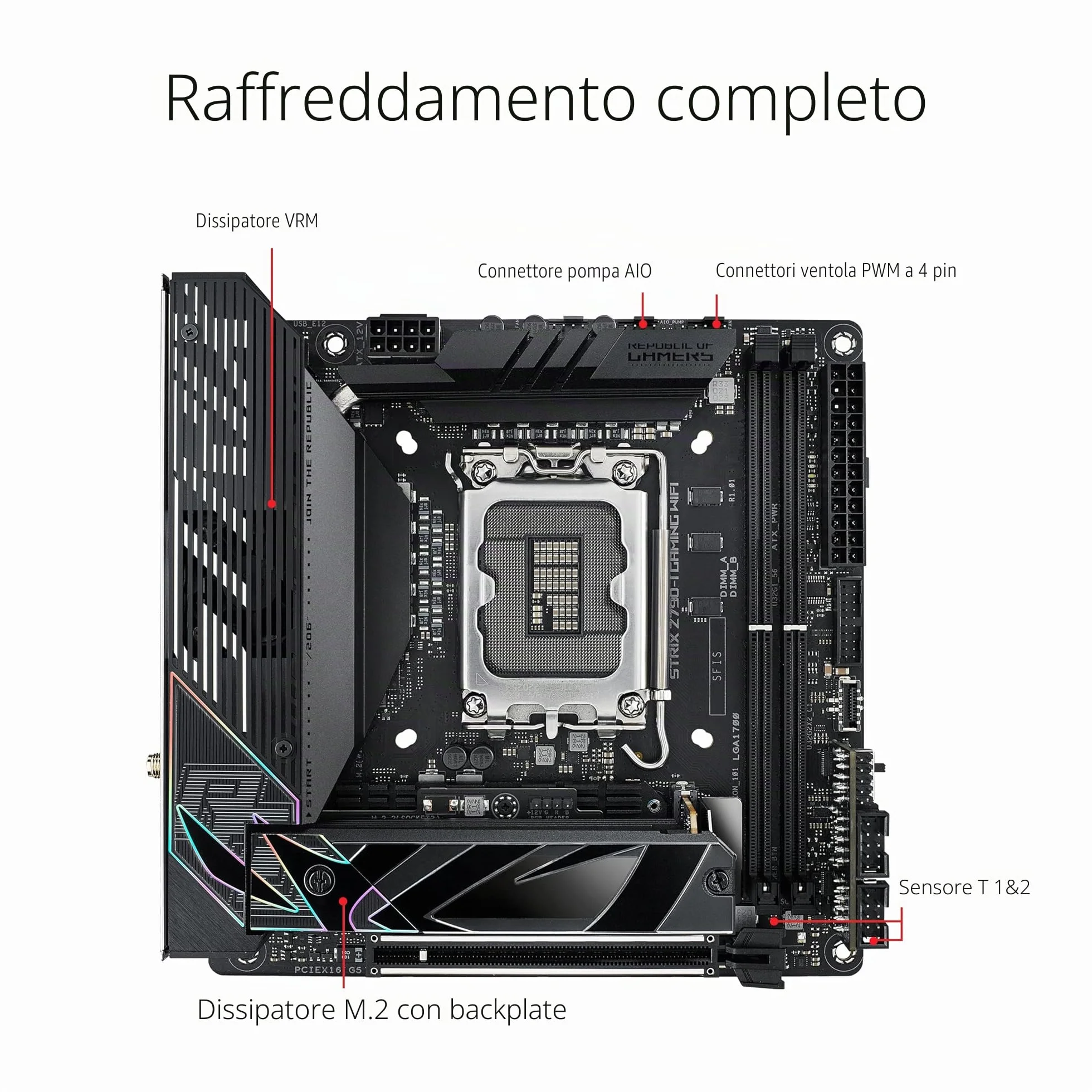 ASUS ROG STRIX Z790-I GAMING WIFI Scheda Madre Gaming Mini-ITX, Intel Z790, LGA1700, DDR5, PCI 5.0, WiFi 6E (802.11ax), Intel 2.5Gb Ethernet, 2xM.2, 2xSATA 6GB/s, Aura Sync RGB, Nero