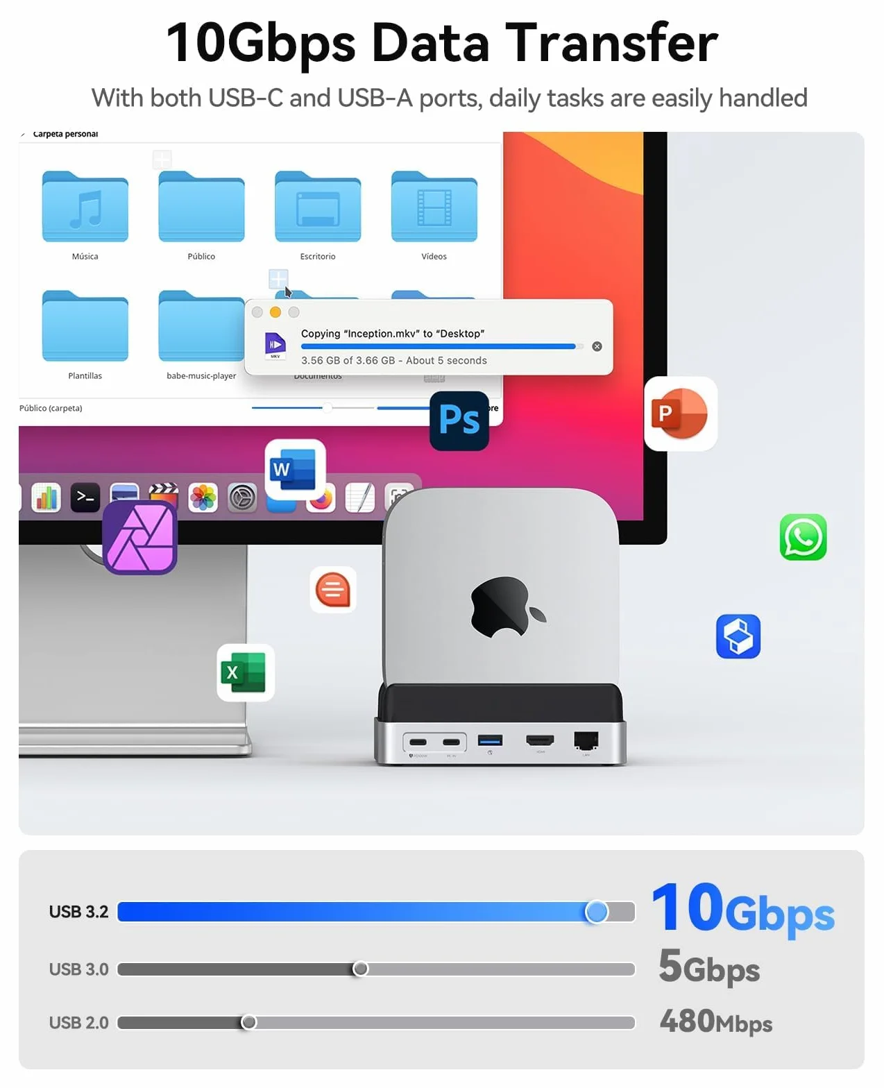 ORICO MiniDock Hub e Supporto per Mac mini M4/M4 Pro, con Alloggiamento SSD NVMe, Uscite HDMI 4K e DisplayPort, Lettore di Schede SD/TF 3.0, Porte USB‑C e USB‑A a 10 Gbps, Ricarica PD 100 W – VS10