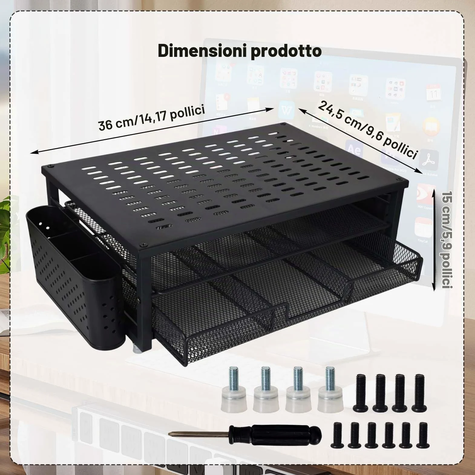 Alzaschermo con Cassetto e 2 Portapenne – Organizzatore da Scrivania Ergonomico per Monitor e Laptop, Supporto per Accessori Ufficio e Sistema di Archiviazione per Home Office