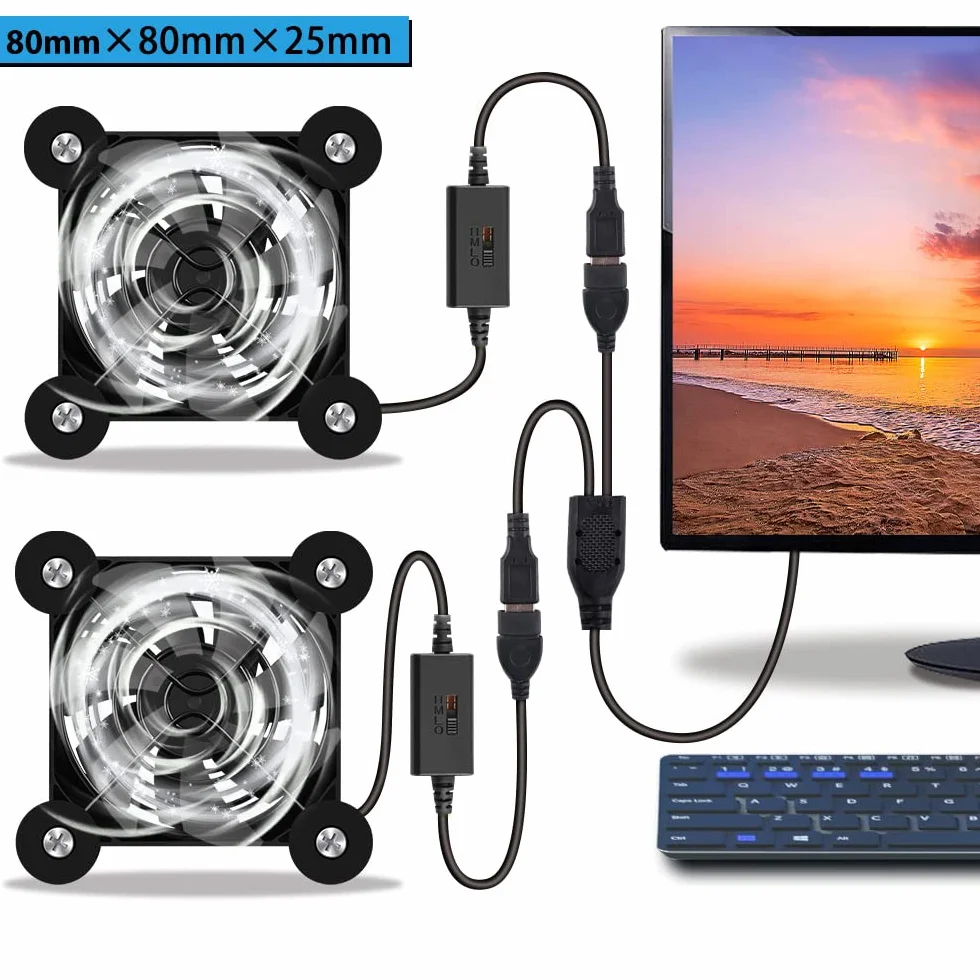 2 mini ventilatore USB da 80 mm, controllo multi-velocità, riduzione del calore per router, console di gioco, TV Box, destinatario, modem, DVR, PlayStation, cabina AV
