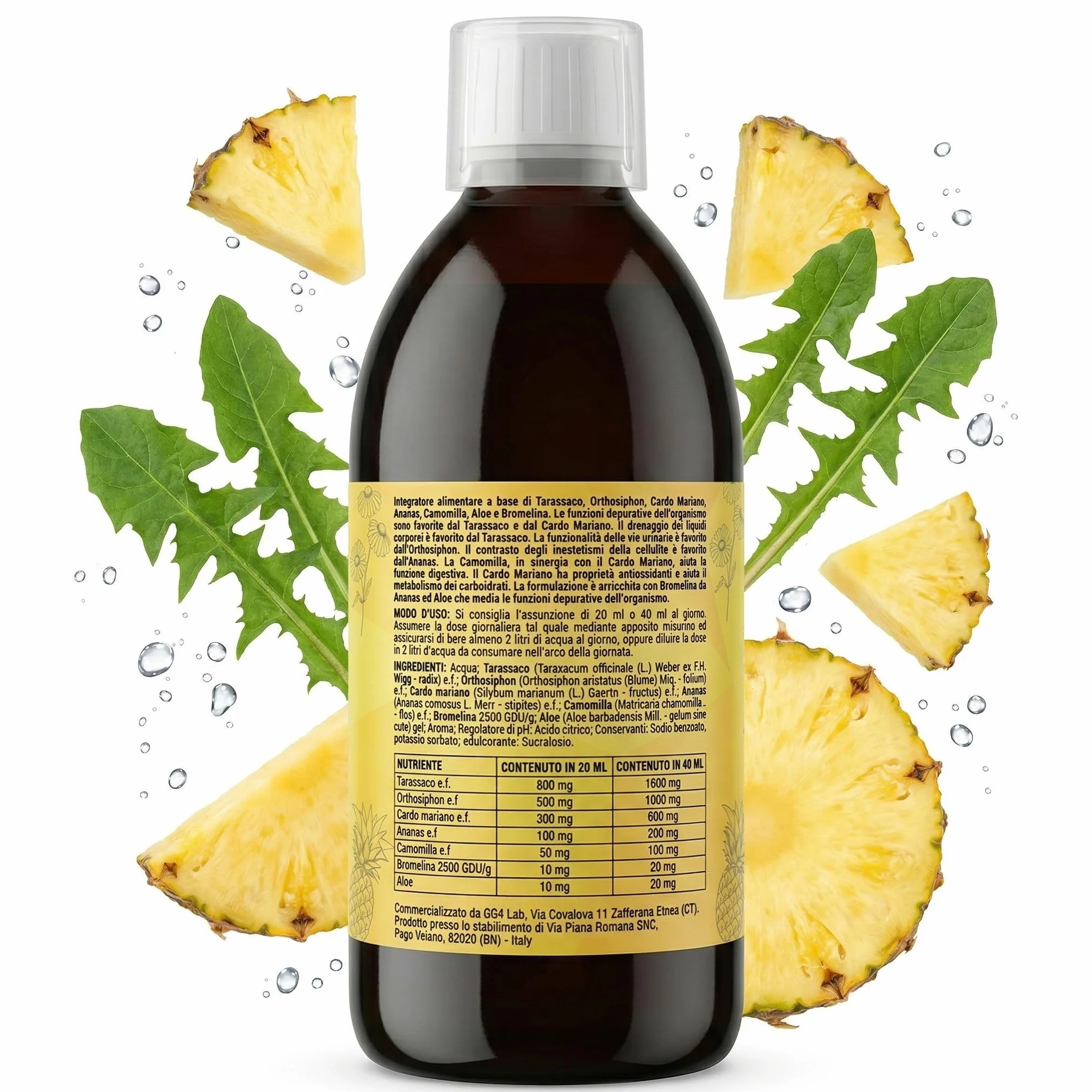 GG4Lab Drenante Forte Liquido 500ml Ritenzione Idrica Pancia Piatta Gambe Sgonfie Bromelina 2500 GDU Tarassaco Orthosiphon Aloe Vera 25 Dosi Gusto Arancia Made in Italy