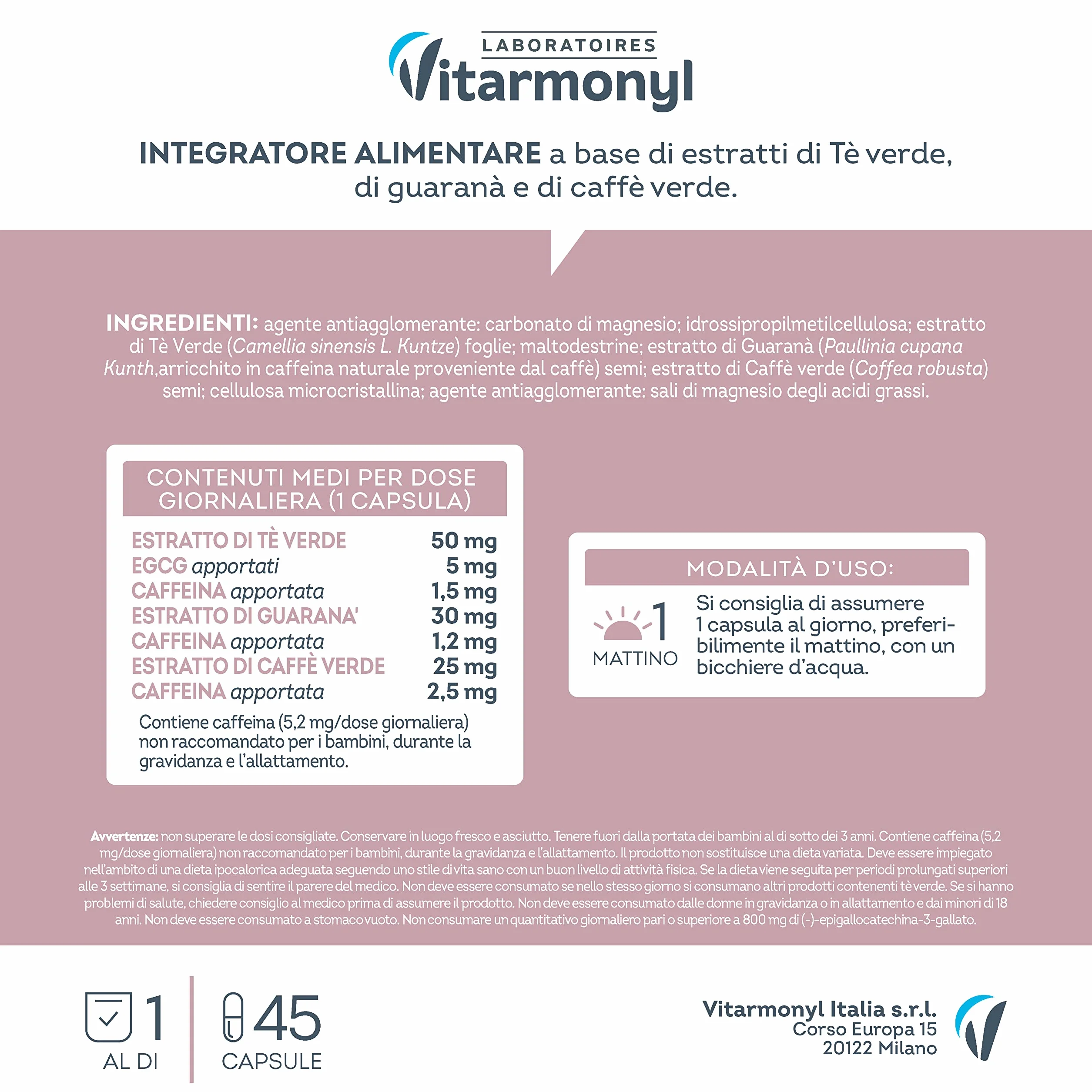 Vitarmonyl Integratore Drenante Tè Verde e Guaranà 45 Capsule Supporto Metabolismo Energetico