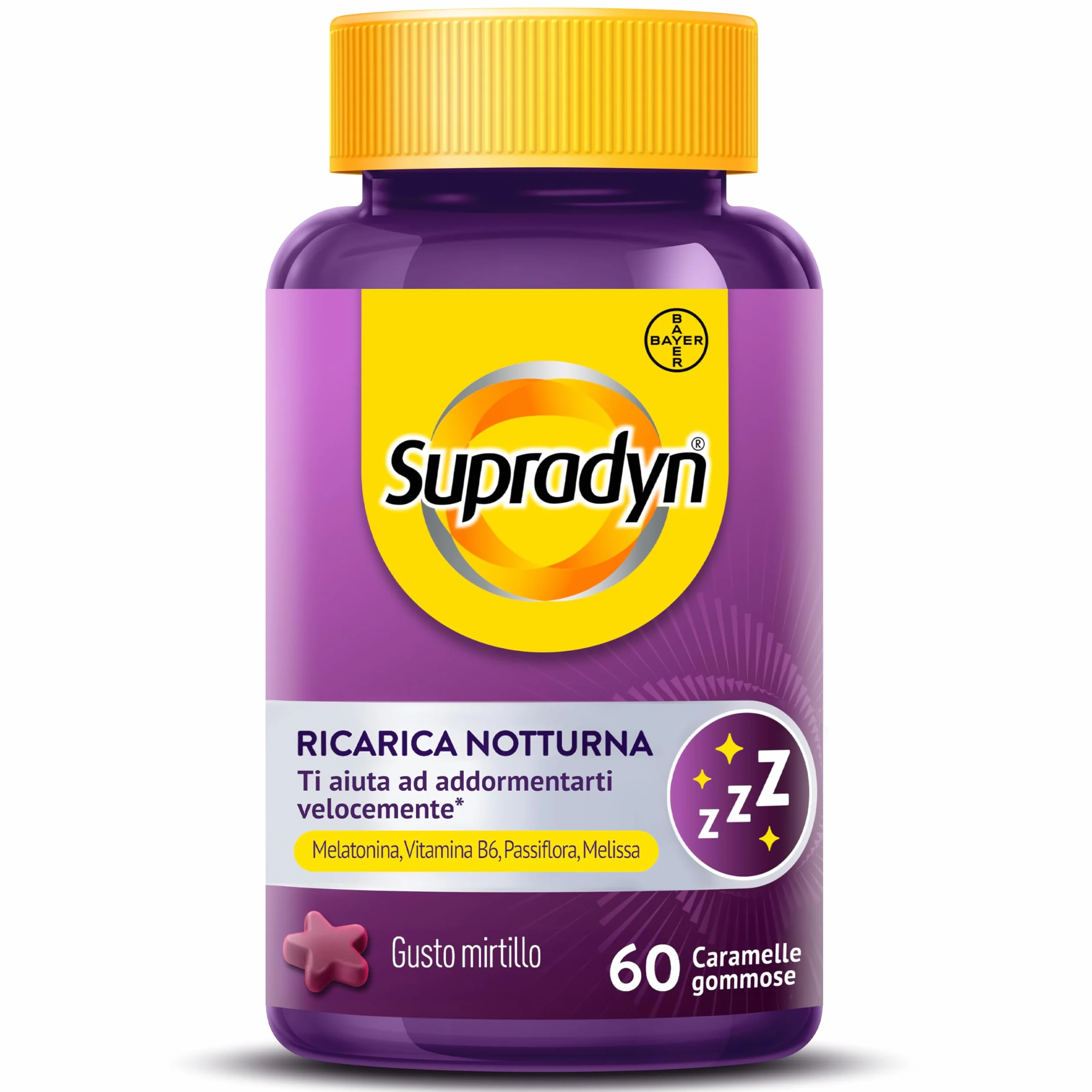 Supradyn Ricarica Notturna Melatonina 1mg Adulti 60 Caramelle Gommose Mirtillo con Vitamina B6 Passiflora e Melissa