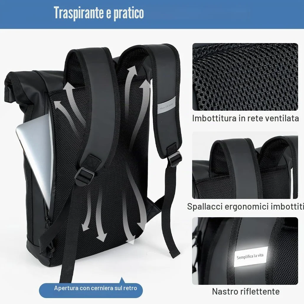 Lekeinchi Zaino Rolltop Uomo Donna Porta PC 17 Pollici | Zaino Impermeabile Uomo Donna - Grande Zaino con Strisce Riflettenti, Zaini da Viaggio Espandibile - Scuola Lavoro Università Ciclismo - Nero