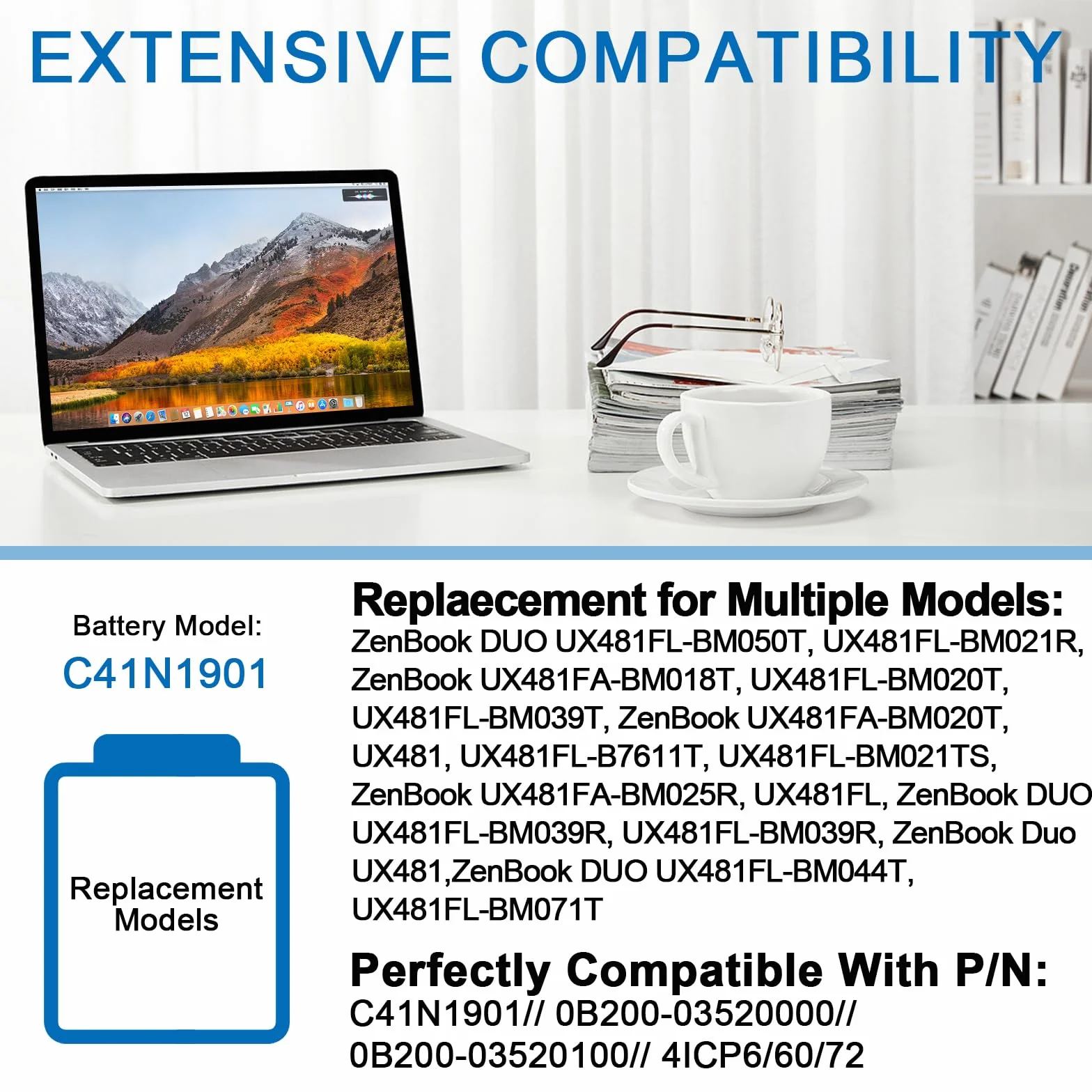 C41N1901 Laptop Batteria per Asus ZenBook Duo UX481 UX481F UX481FL UX481FA UX481FLY UX481FAY UX481FL-BM040T UX481FL-BP1505T UX4000F UX4000FL UX481FA-BM021R UX481FA-DB71T BM049T 70Wh