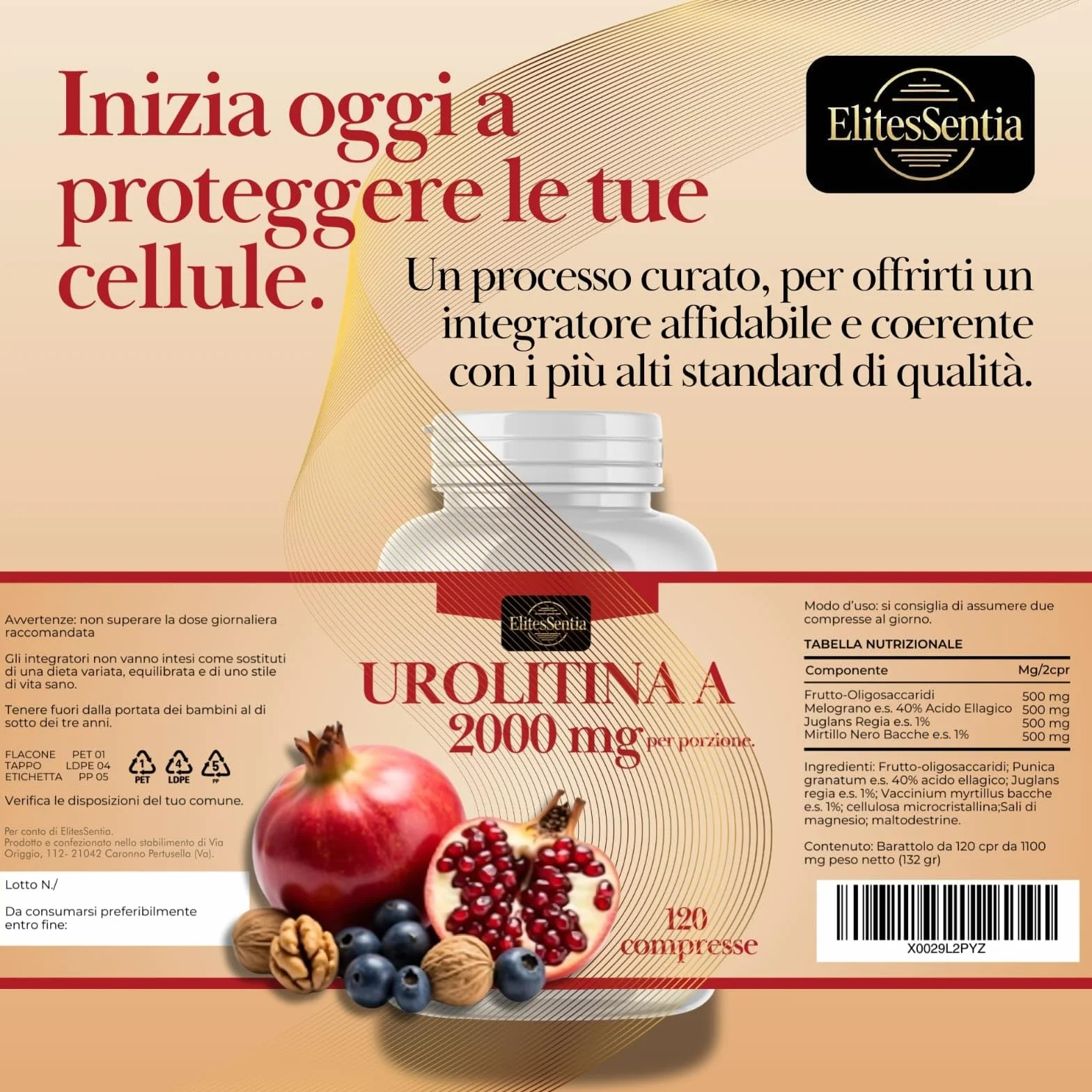 ElitesSentia Urolitina A Integratore 120 Compresse 2000 mg Melograno Juglans Regia Mirtillo Nero