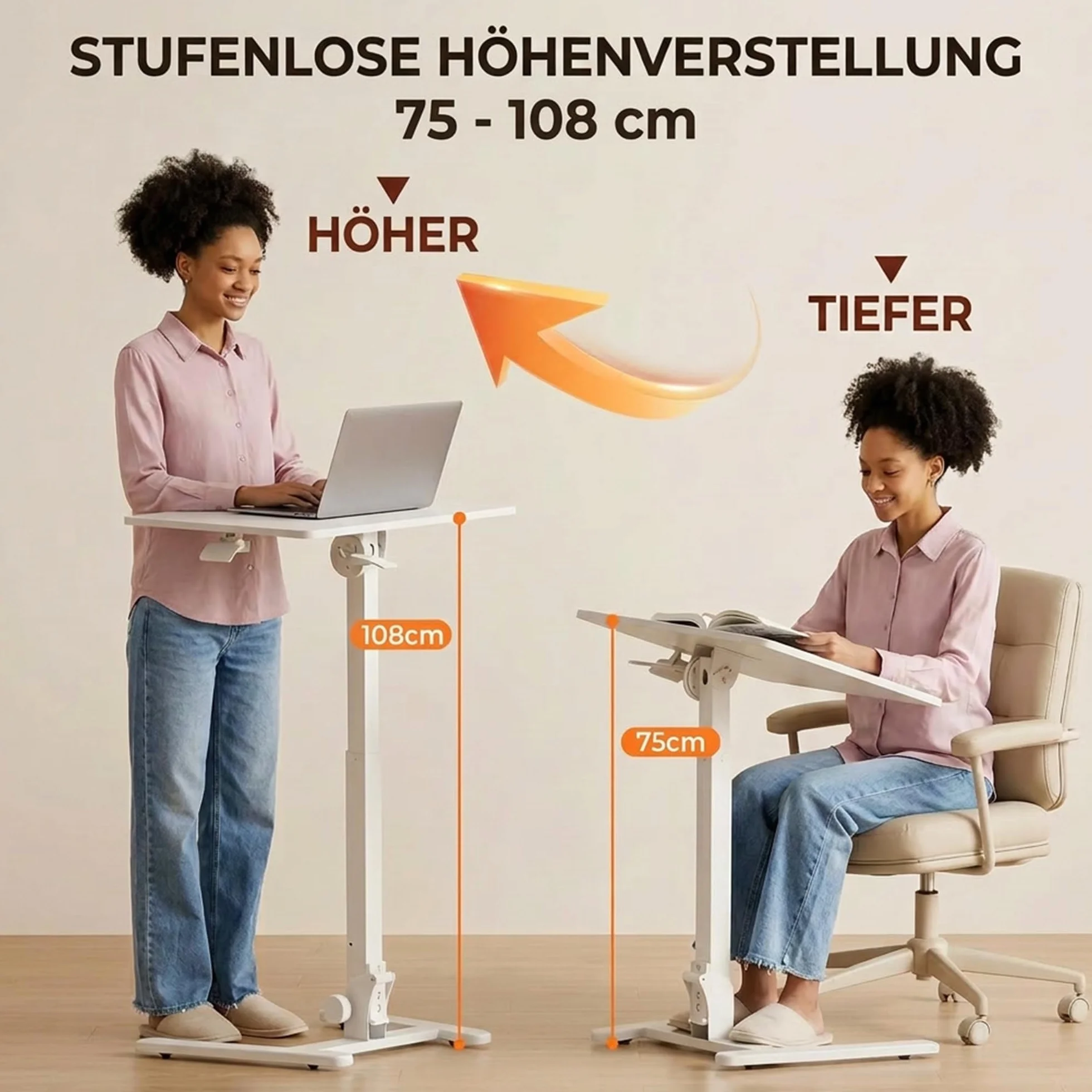 MUSSO AnyDesk D7 - Tavolo portatile regolabile in altezza (75-108 cm), pieghevole con piastra inclinabile 0-90°, tavolino ergonomico (bianco, 1 pezzo)