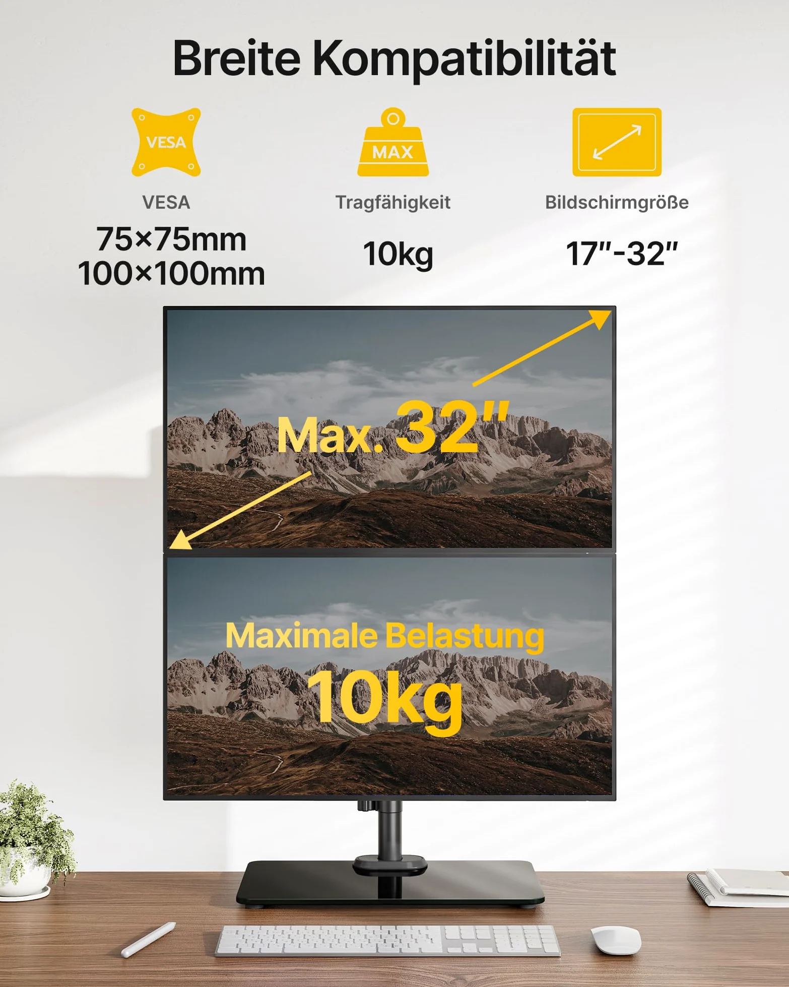 monTEK Supporto verticale Monitior 2 Monitiore con base in vetro per schermi da 17-32 pollici, portata massima 10 kg per braccio, supporto per monitor autoportante, completamente mobile e regolabile