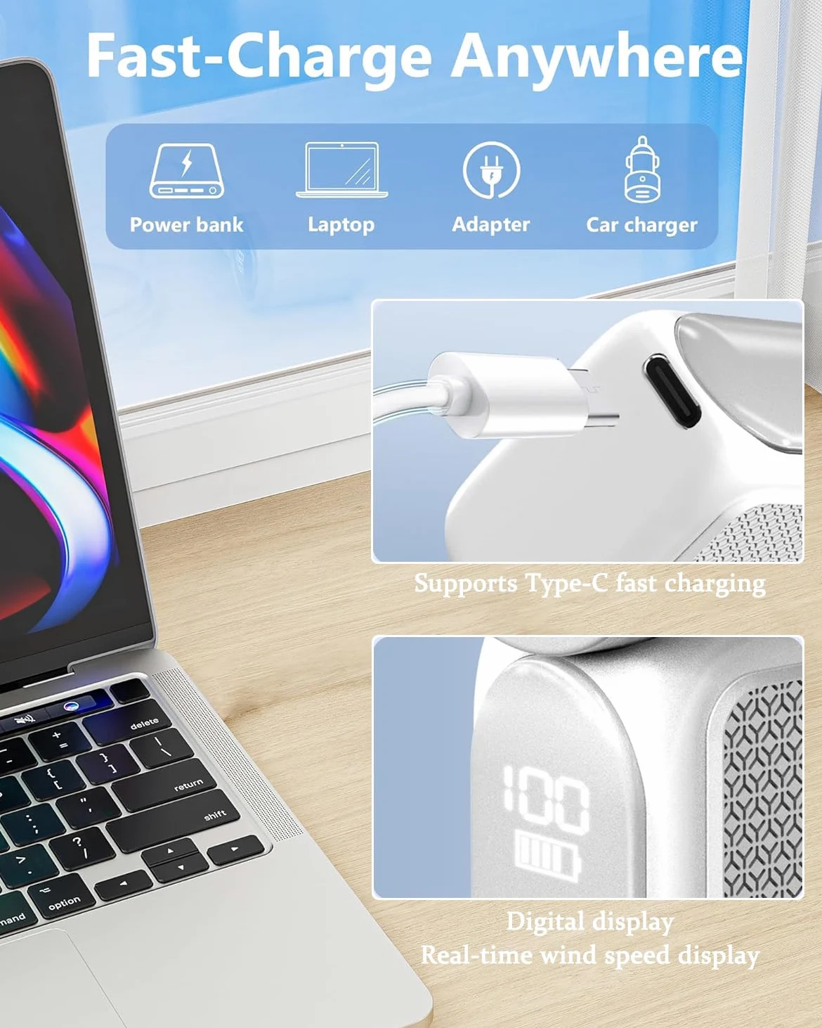 XJBTBA Mini Ventilatore Portatile Portatile, 6 velocità 16900 Giri/min Alta velocità Essenziale Personale Estivo con Display LED, Ricaricabile Tramite USB, con Cordino per Trucco, Viaggi, attività