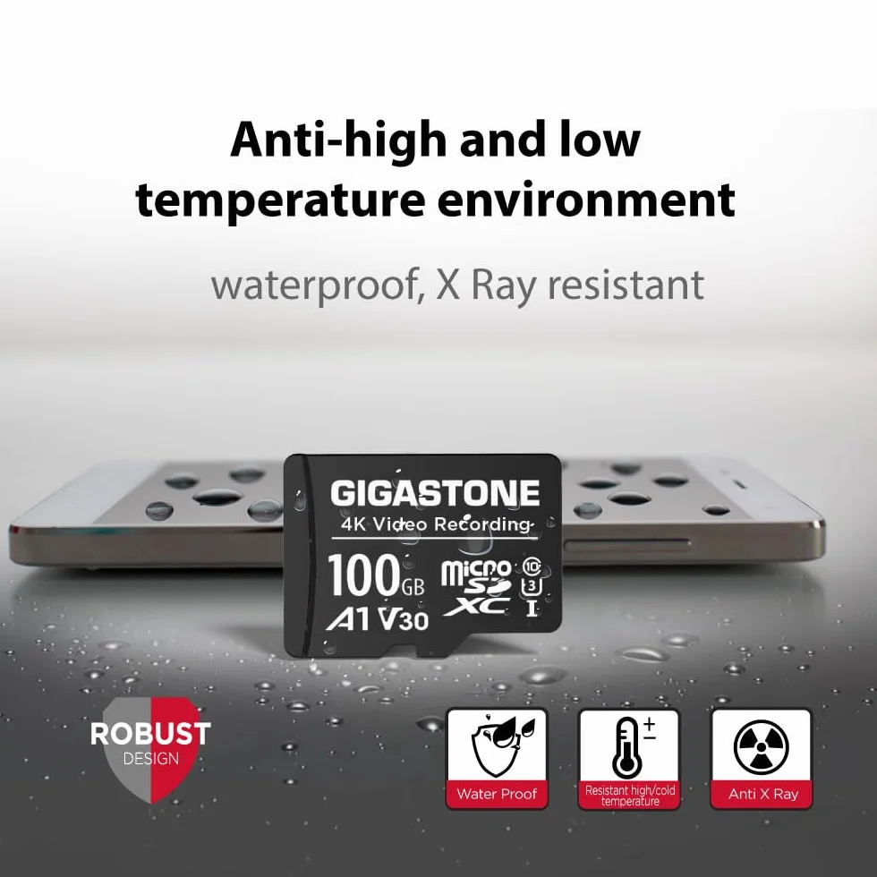 GIGASTONE Scheda Micro SD da 100 GB, registrazione video A1 V30 4K, compatibile con telecamera di sicurezza, Dash Cam, Drone, scheda di memoria MicroSDXC da 100 MB/s UHS-I, con adattatore