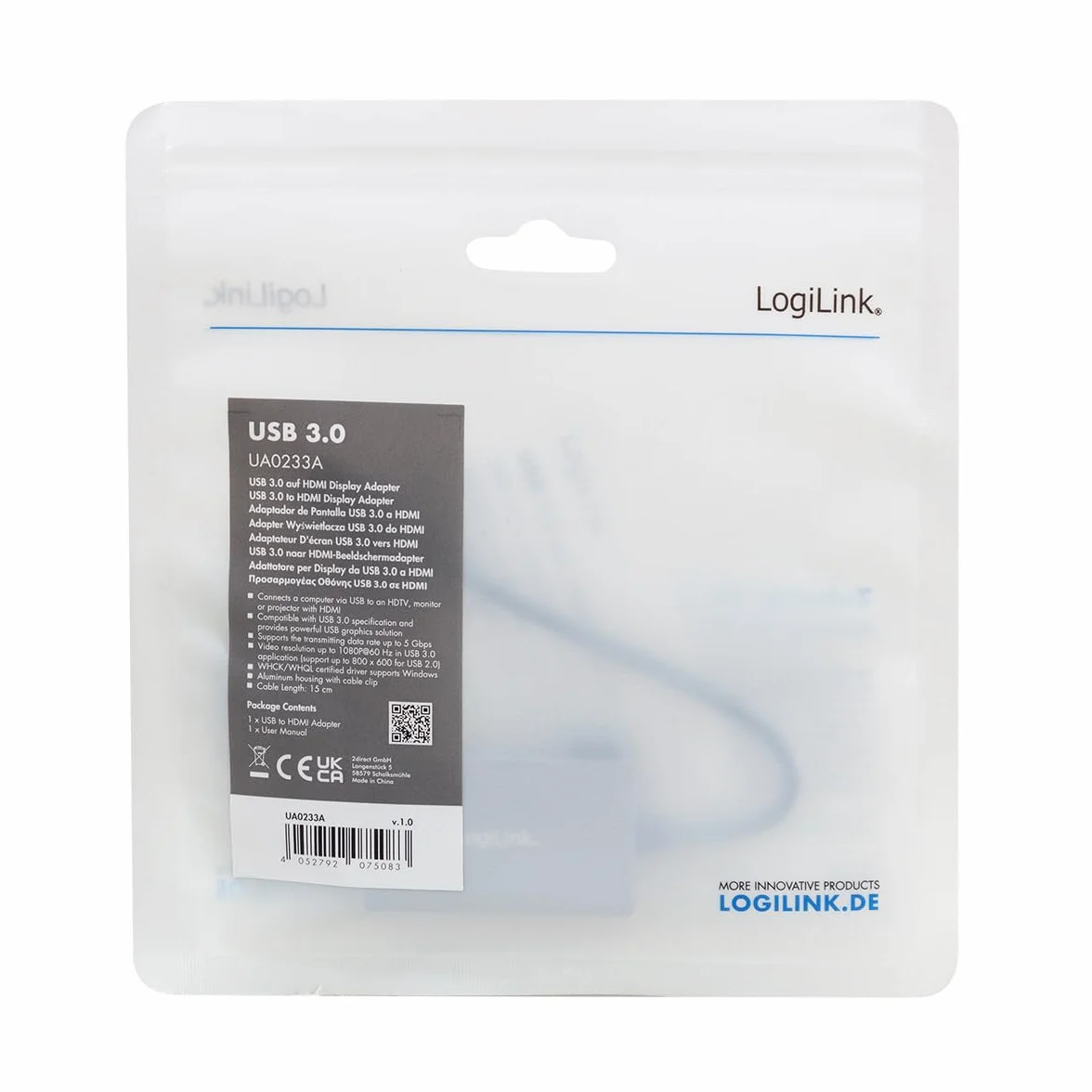 Logilink UA0233A - Adattatore USB 3.0 a HDMI (spina USB-A a presa HDMI), 0,15 m