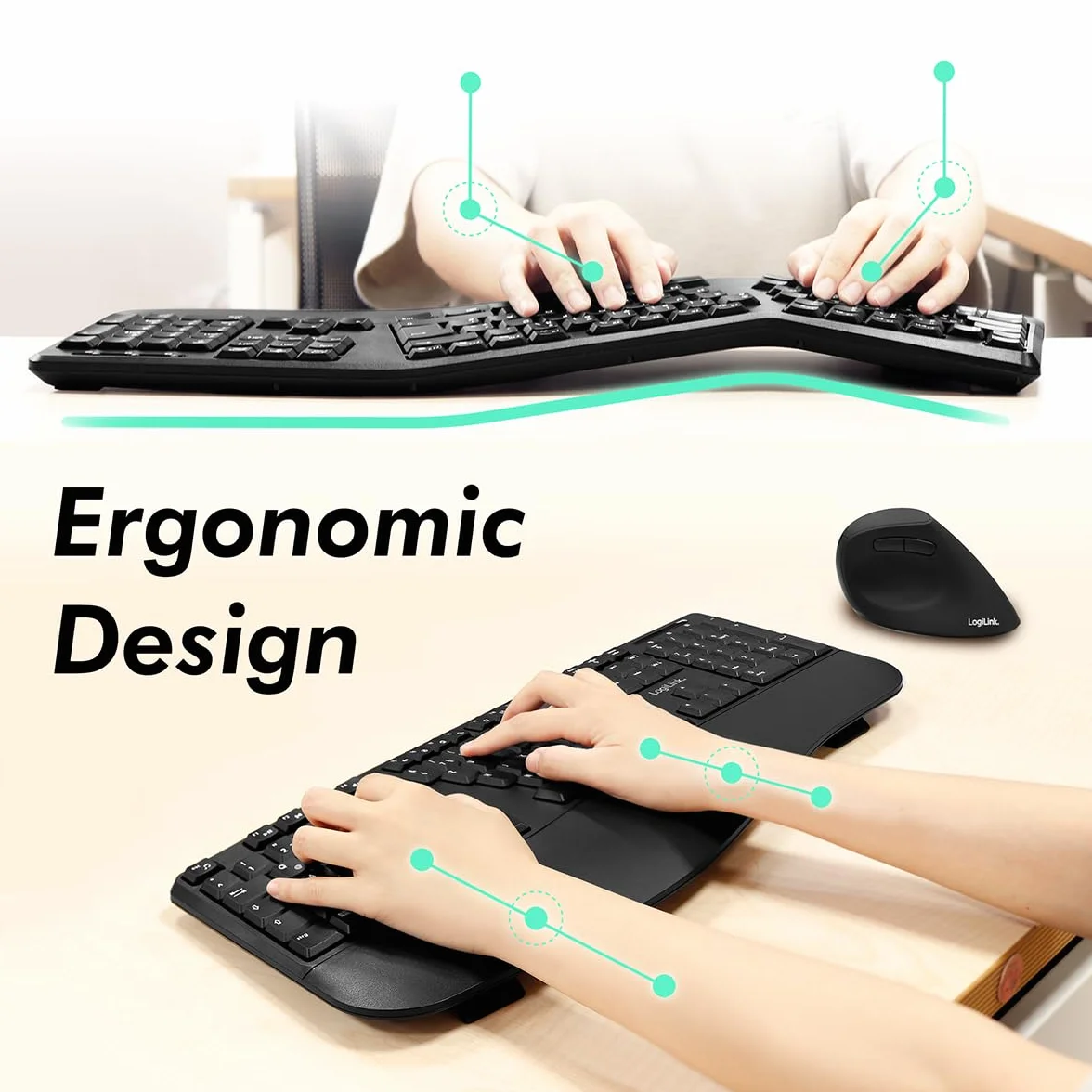 LogiLink Set di mouse ergonomico con tastiera divisa (con 13 tasti multimediali)