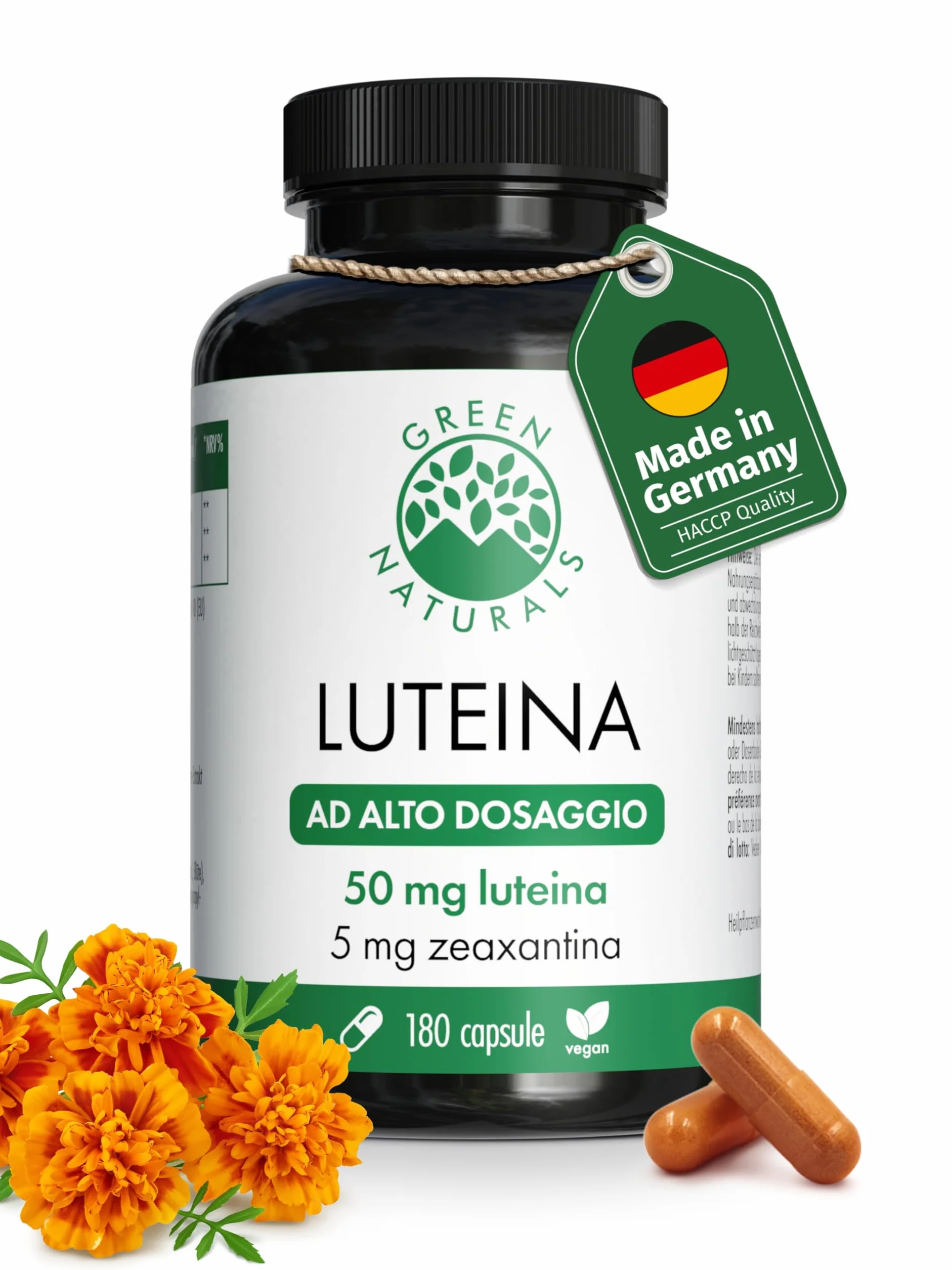 Green Naturals Luteina 50 mg + 5 mg Zeaxantina 180 Capsule Integratore Alimentare