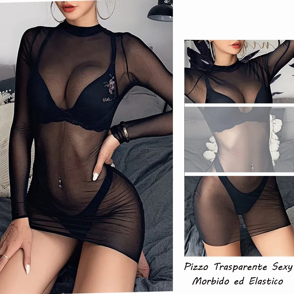 Sexy Lingerie Rete Mini Abito Attillato in Pizzo Babydoll Trasparente Maniche Lunghe Nero