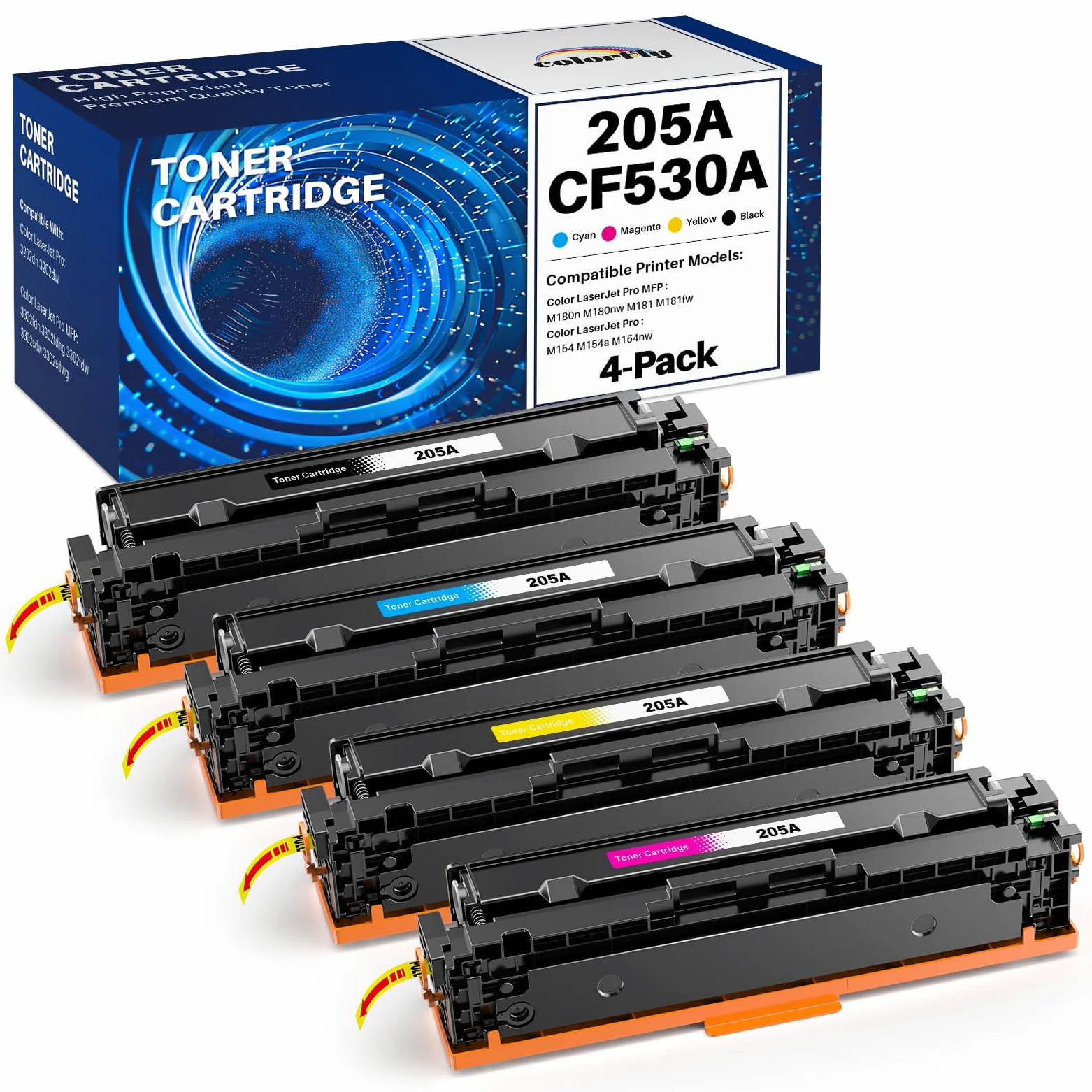 colorfly 205A Toner compatibile con HP 205A CF530A CF531A CF532A CF533A per HP MFP M181fw Toner per Color Laserjet Pro MFP M180n M181FW M180NW M180FW M181N M154A, 4 Pezzi.