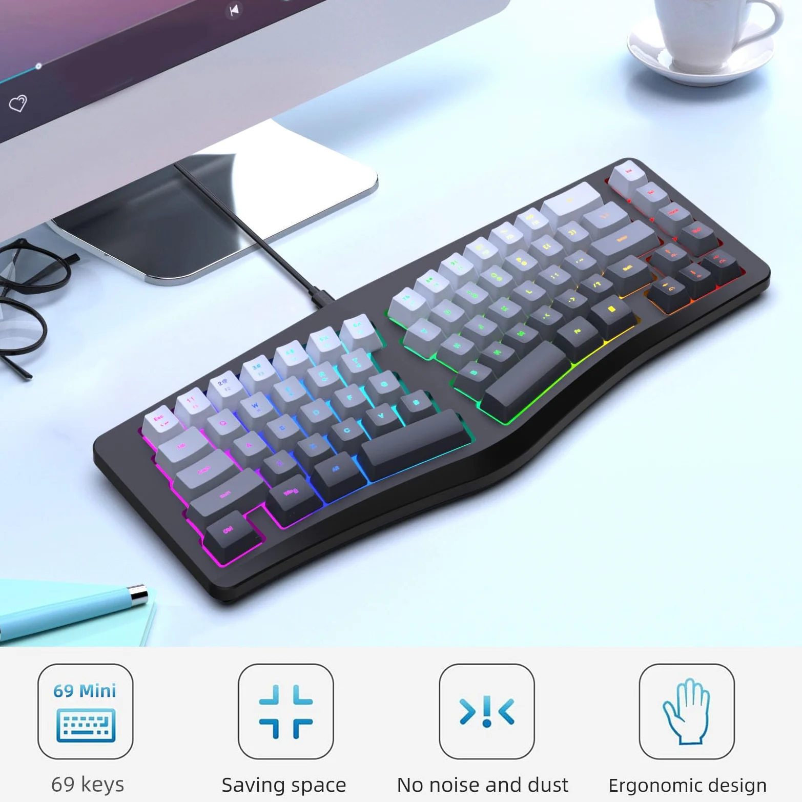 Goshyda Tastiera Ergonomica Cablata, Tastiera Divisa a Forma di V con Retroilluminazione RGB Colorata, per W​ins​​ per OS X per Computer Desktop Laptop Android