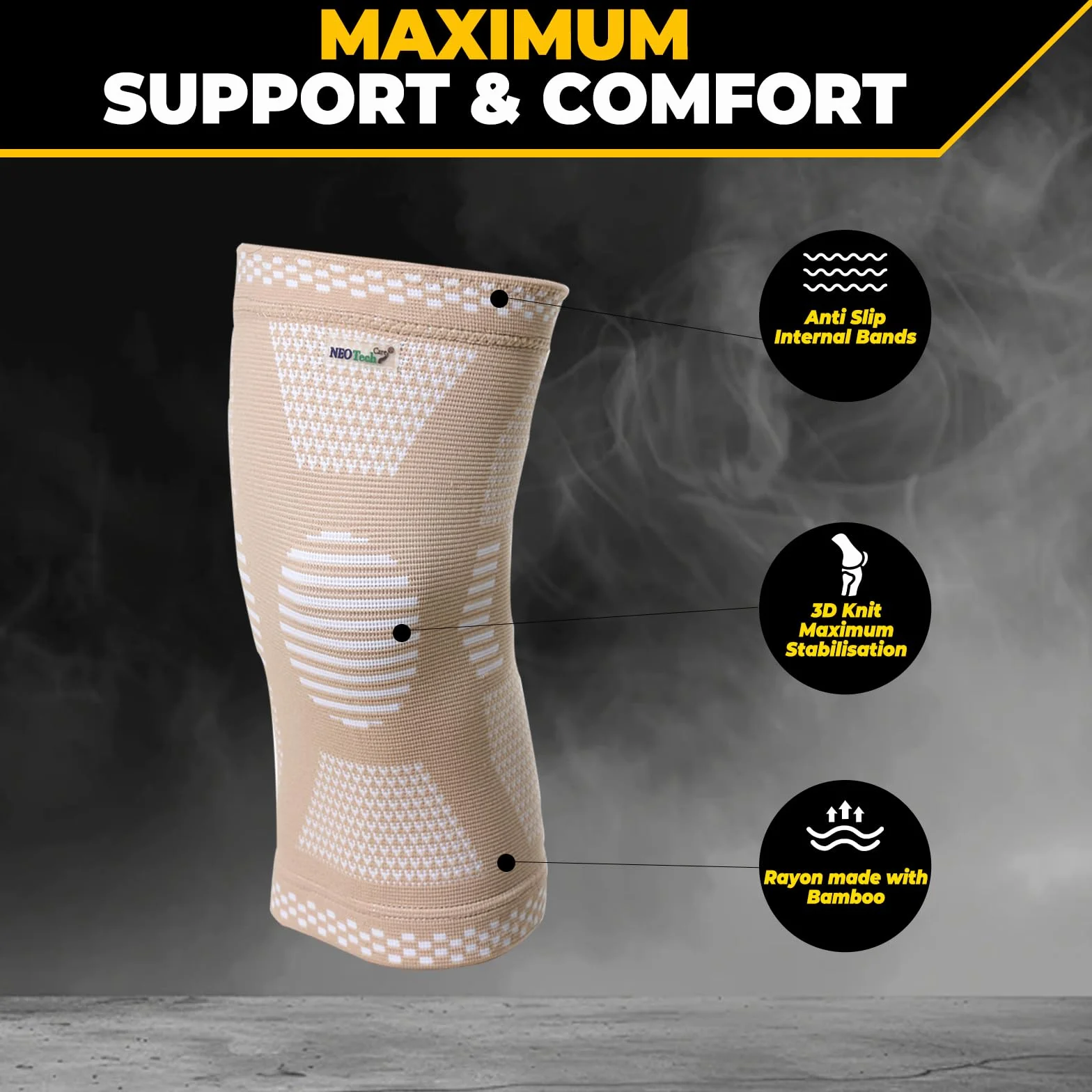 NEOtech Care Fascia di supporto per ginocchio in fibra di bambù elastica traspirante media compressione Beige M 1 Pezzo