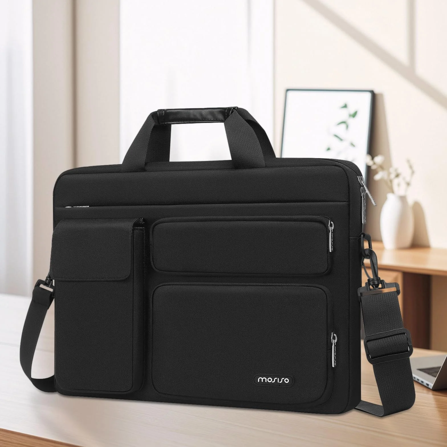 MOSISO 16 pollici Borsa Tracolla Laptop,15-15,6 pollici Custodia PC Compatibile con MacBook Air 15/Pro 16/Pro 15,Dell XPS Plus, Borsa Tracolla con Apertura Laterale&4 Tasche Cerniera, Nero