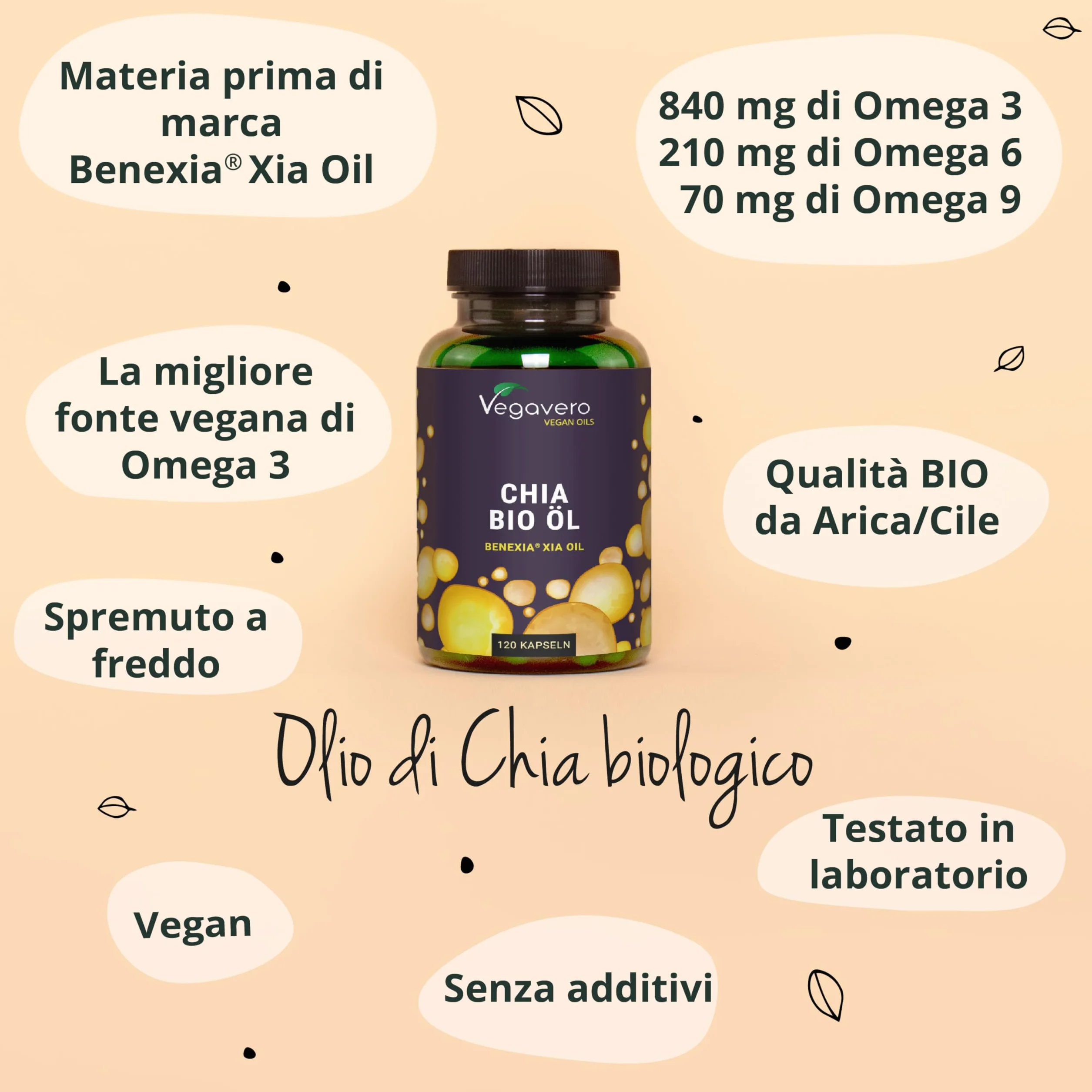 Omega 3 6 9 Vegavero® 1400 mg Olio di Semi di Chia BIO VEGAN Spremuto a Freddo Acidi Grassi Essenziali 120 capsule