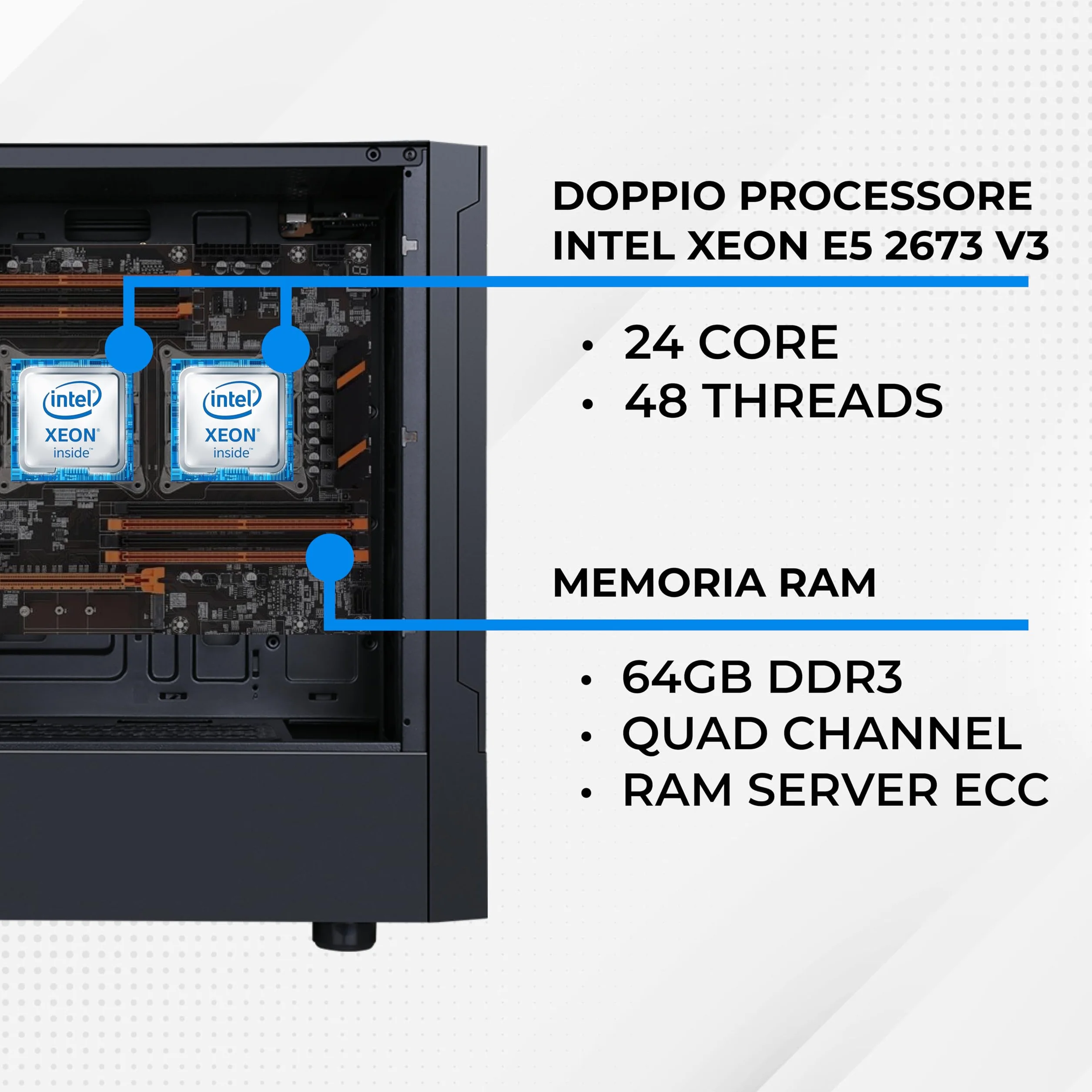 Pc fisso 24 CORE - RAM 64GB - DOPPIO PROCESSORE XEON - ssd 1tb - scheda video AMD RX580 8GB - WiFi Bluetooth - Windows 11 PRO + office - Workstation server computer - DVD - meglio di i7 e i9! NUOVO
