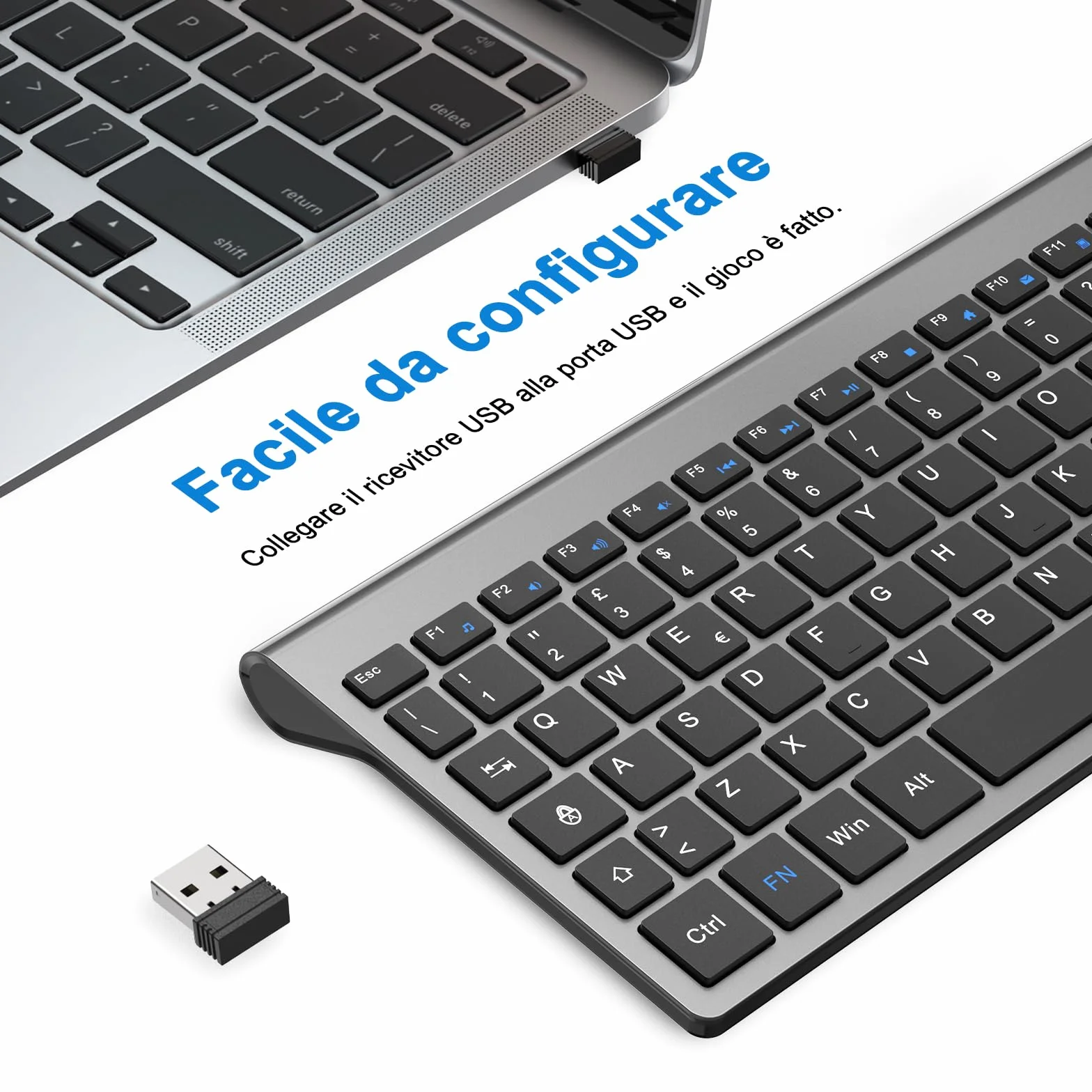 cimetech Tastiera wireless Layout Italiano QWERTY 2.4G USB con tastierino numerico tasti ergonomici grigio