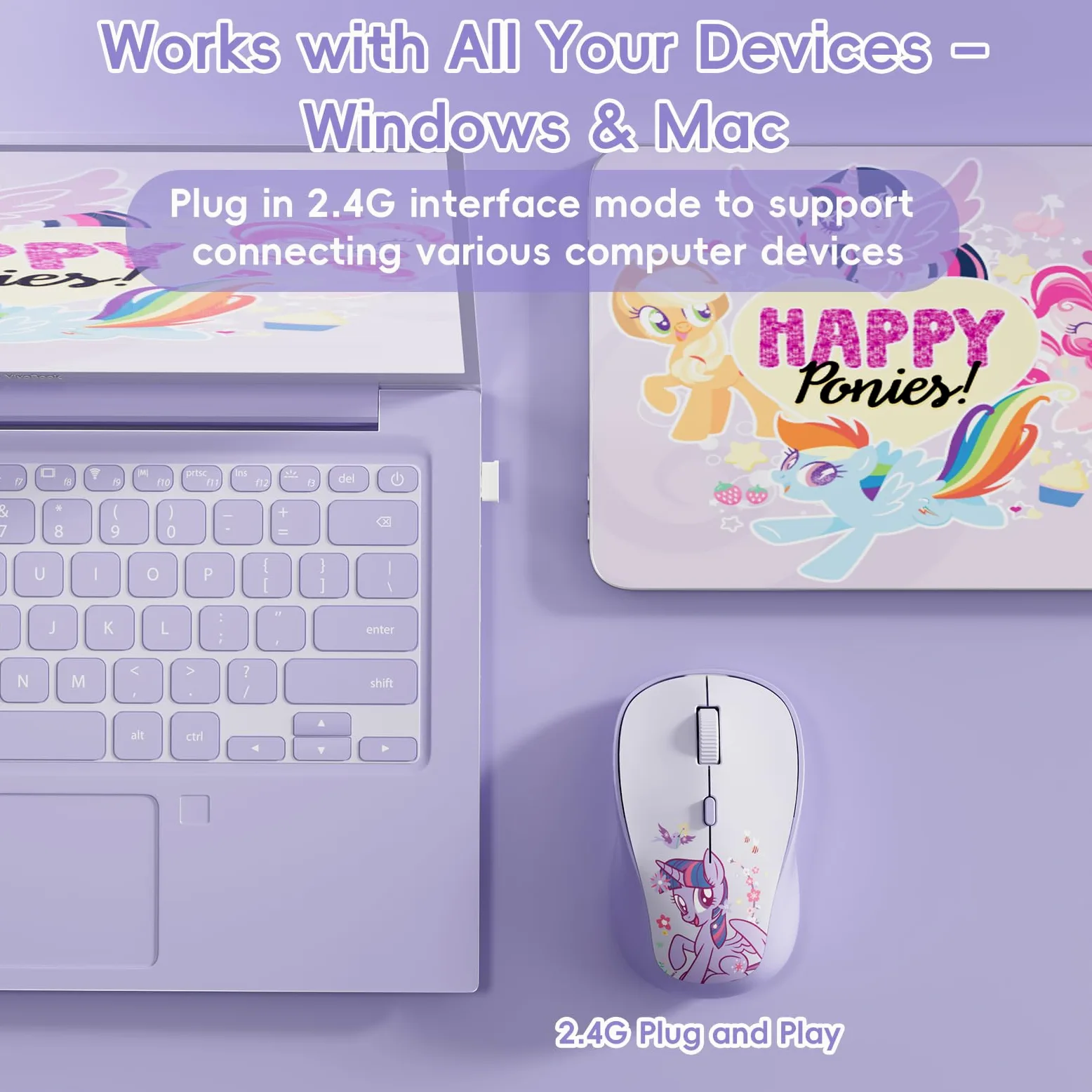 My Little Pony Twilight Sparkle Mouse wireless – Mouse silenzioso a 4 pulsanti con 3 DPI regolabili (1000/1200/1600), 2,4 GHz wireless per Windows/Mac, design compatto ed ergonomico, viola